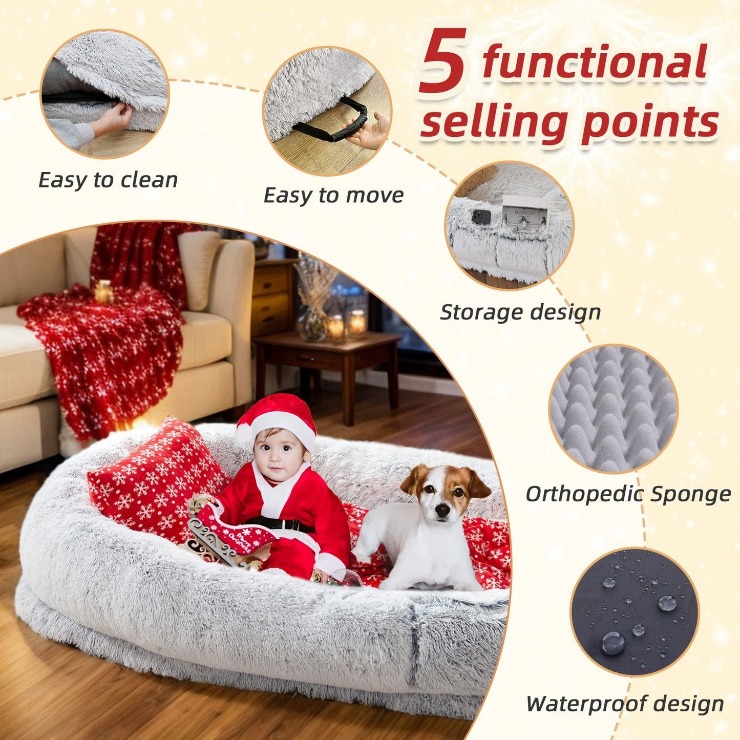 Human Dog Bed, Large Size Fits You and Pets, Washable Faux Fur Dog Bed for People Doze Off, Napping Orthopedic Dog Bed, Present Plump Pillow, Blanket, Strap - DelightsDownSouth