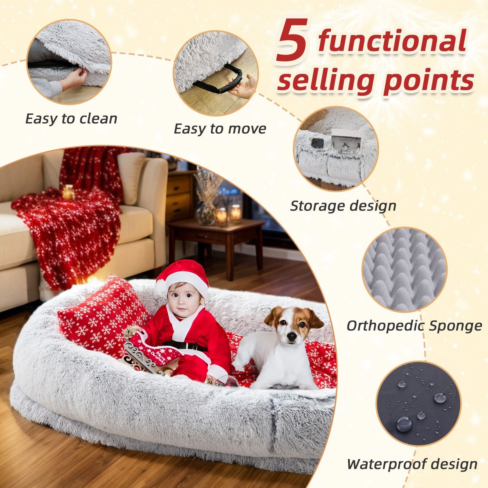 Human Dog Bed, Large Size Fits You and Pets, Washable Faux Fur Dog Bed for People Doze Off, Napping Orthopedic Dog Bed, Present Plump Pillow, Blanket, Strap - DelightsDownSouth