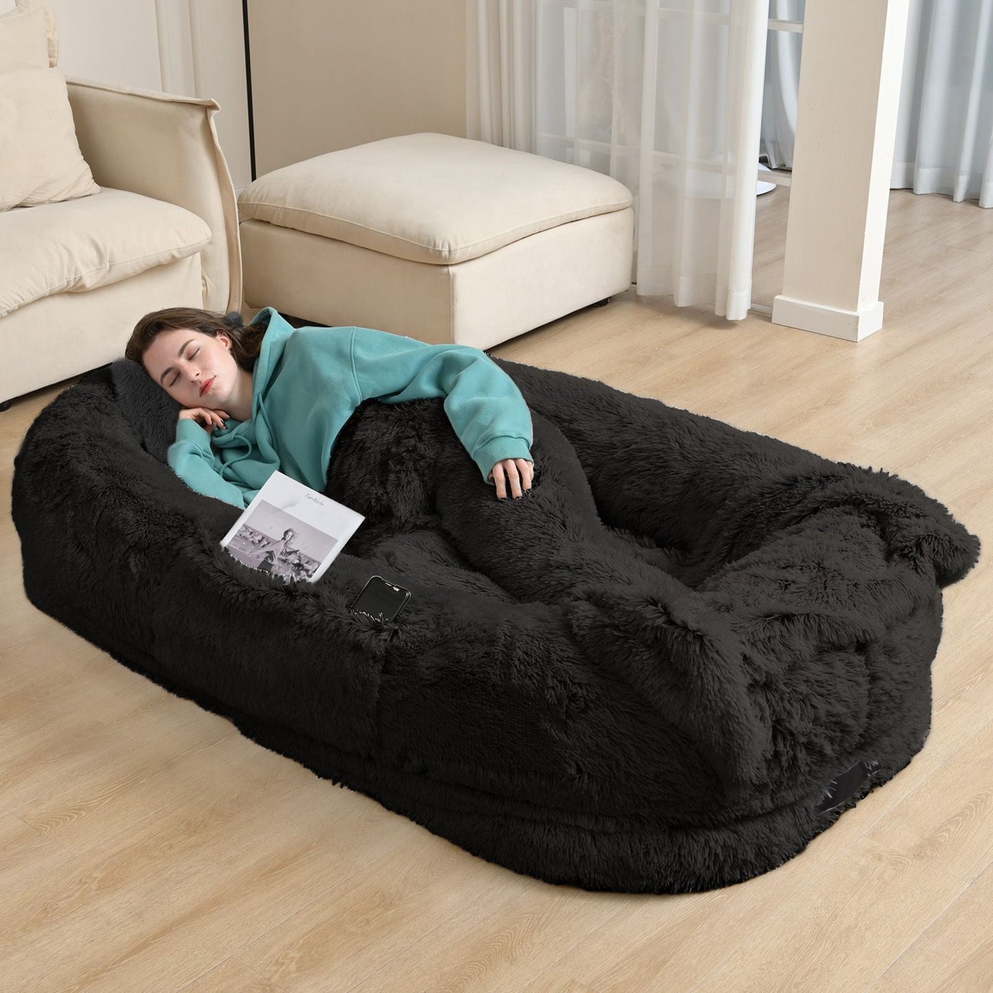 Human Dog Bed, Large Size Fits You and Pets, Washable Faux Fur Dog Bed for People Doze Off, Napping Orthopedic Dog Bed, Present Plump Pillow, Blanket, Strap - DelightsDownSouth