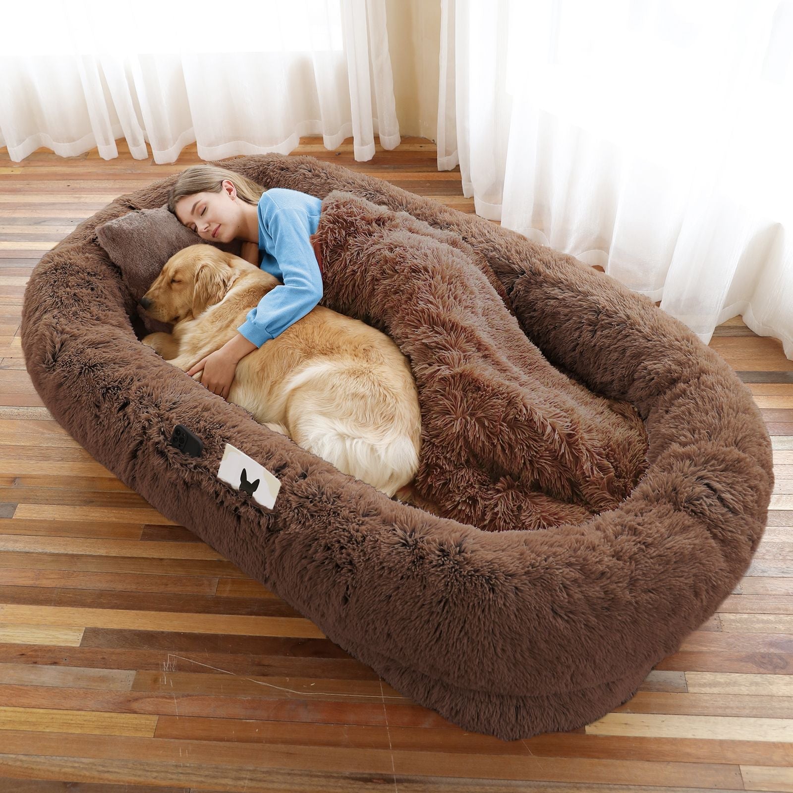 Human Dog Bed, Large Size Fits You and Pets, Washable Faux Fur Dog Bed for People Doze Off, Napping Orthopedic Dog Bed, Present Plump Pillow, Blanket, Strap - DelightsDownSouth