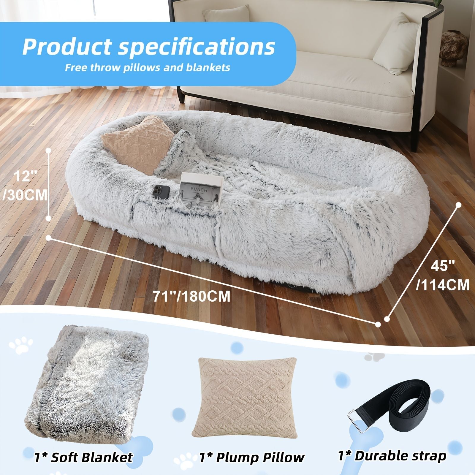 Human Dog Bed, Large Size Fits You and Pets, Washable Faux Fur Dog Bed for People Doze Off, Napping Orthopedic Dog Bed, Present Plump Pillow, Blanket, Strap - DelightsDownSouth