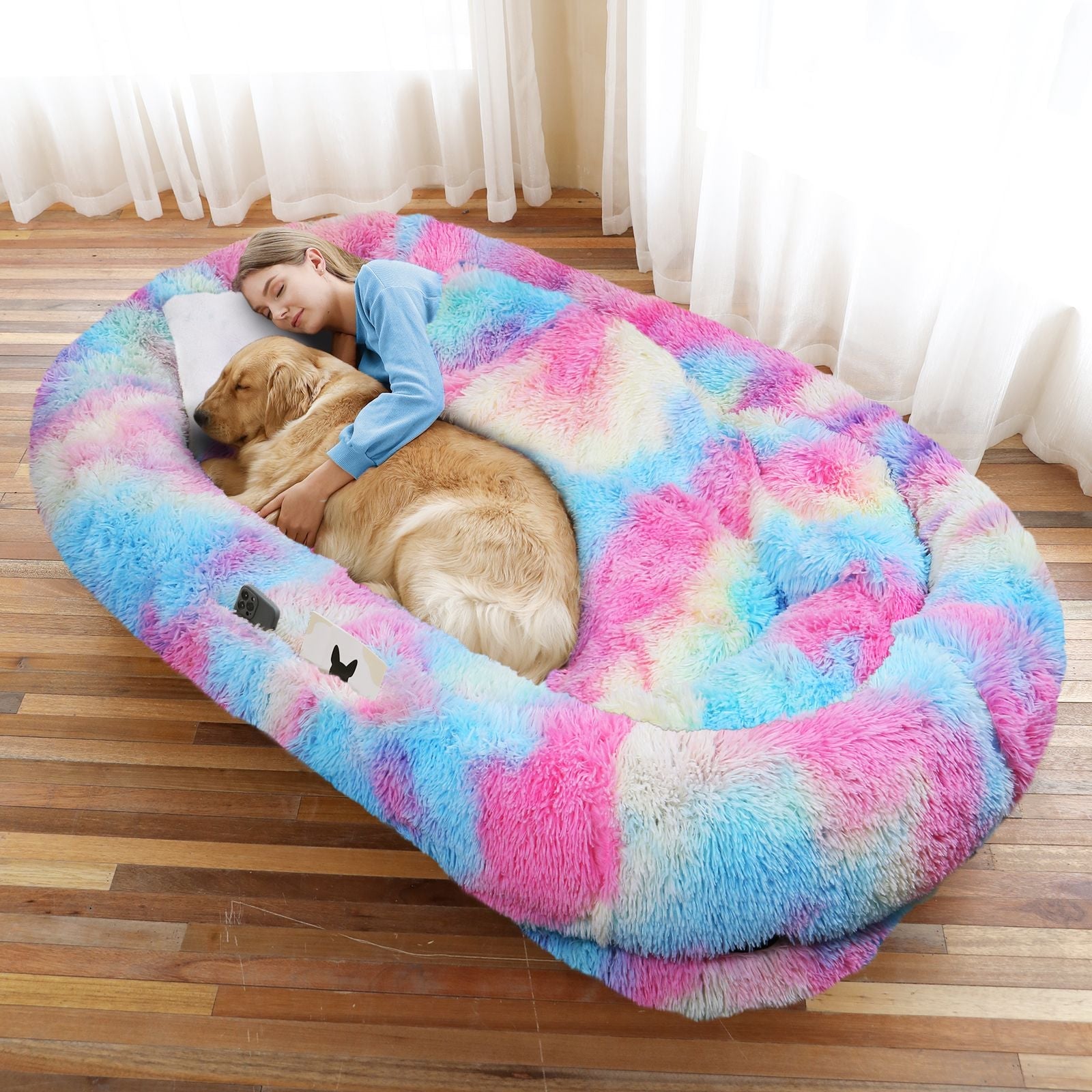 Human Dog Bed, Large Size Fits You and Pets, Washable Faux Fur Dog Bed for People Doze Off, Napping Orthopedic Dog Bed, Present Plump Pillow, Blanket, Strap - DelightsDownSouth