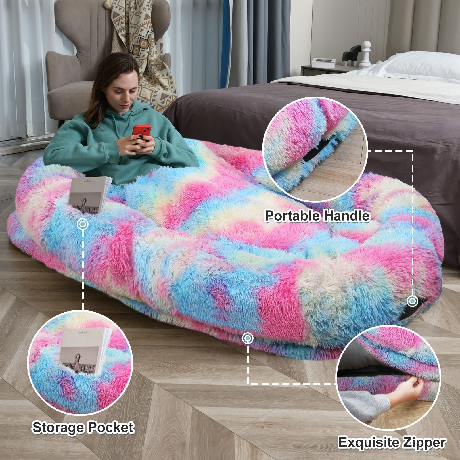 Human Dog Bed, Large Size Fits You and Pets, Washable Faux Fur Dog Bed for People Doze Off, Napping Orthopedic Dog Bed, Present Plump Pillow, Blanket, Strap - DelightsDownSouth