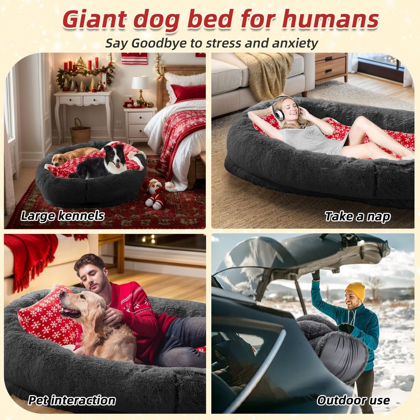 Human Dog Bed, Large Size Fits You and Pets, Washable Faux Fur Dog Bed for People Doze Off, Napping Orthopedic Dog Bed, Present Plump Pillow, Blanket, Strap - DelightsDownSouth