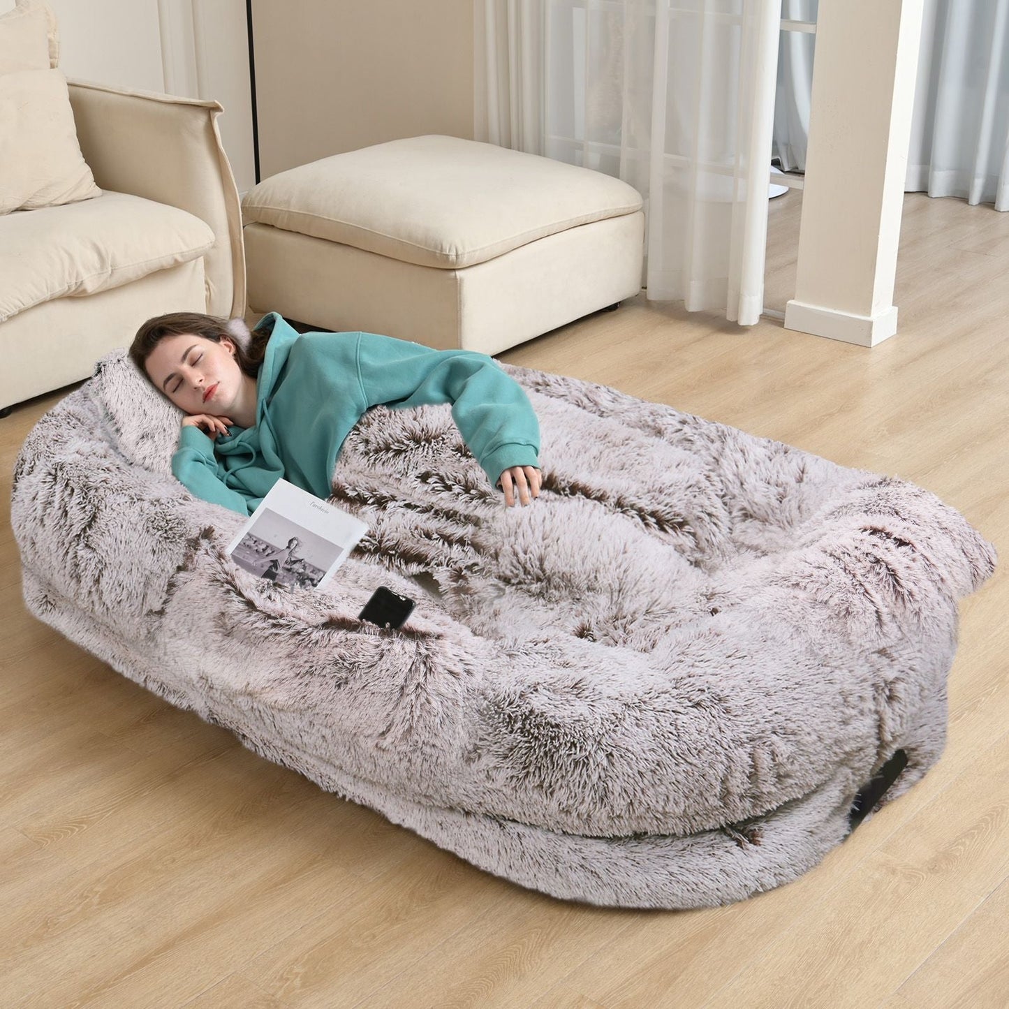 Human Dog Bed, Large Size Fits You and Pets, Washable Faux Fur Dog Bed for People Doze Off, Napping Orthopedic Dog Bed, Present Plump Pillow, Blanket, Strap - DelightsDownSouth