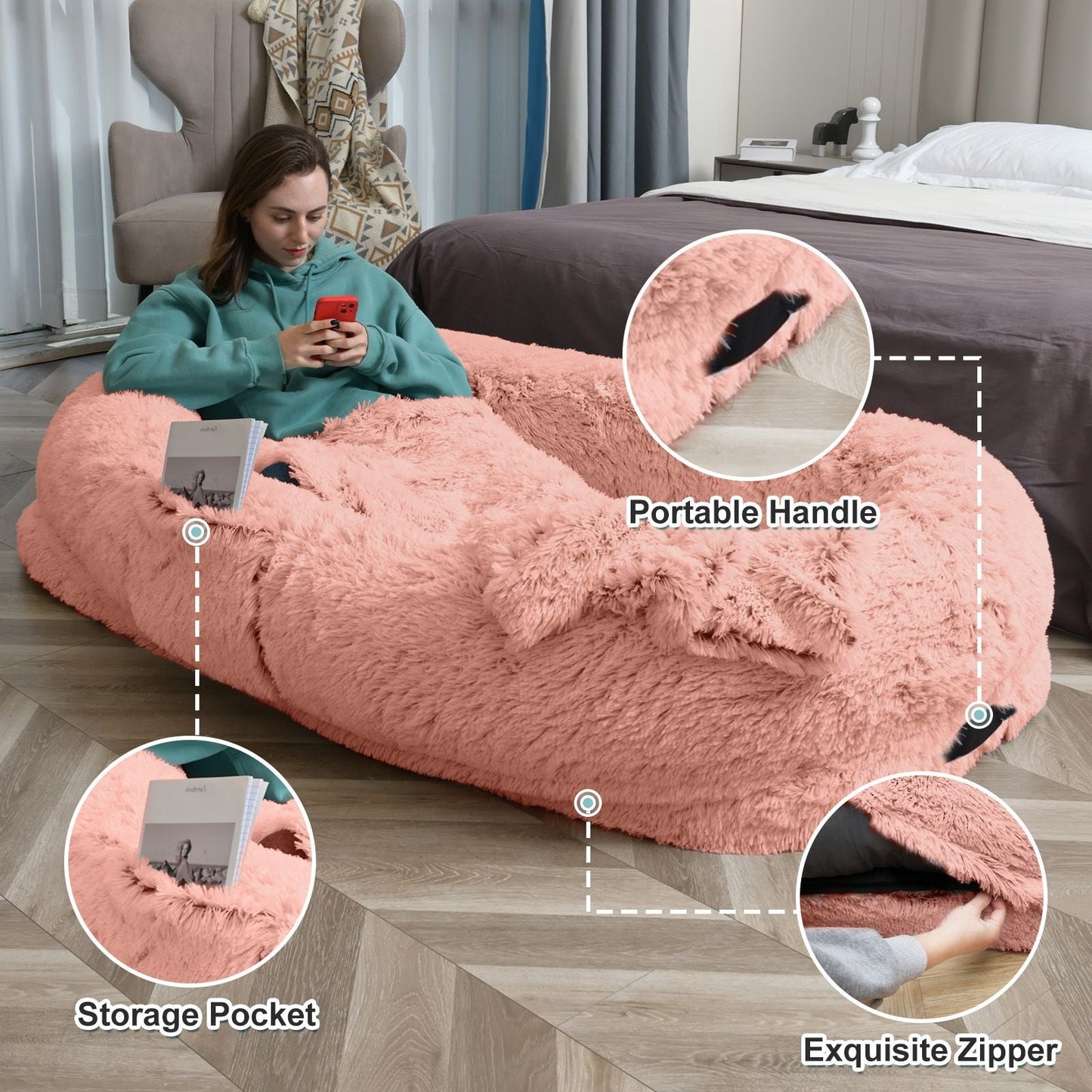 Human Dog Bed, Large Size Fits You and Pets, Washable Faux Fur Dog Bed for People Doze Off, Napping Orthopedic Dog Bed, Present Plump Pillow, Blanket, Strap - DelightsDownSouth