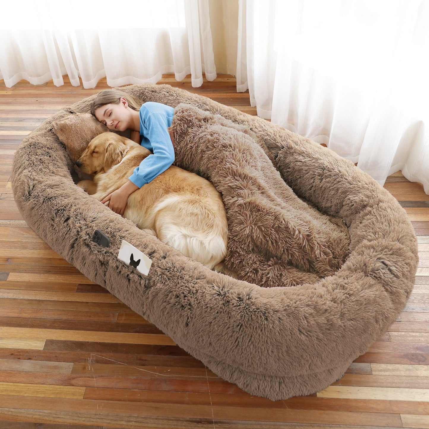 Human Dog Bed, Large Size Fits You and Pets, Washable Faux Fur Dog Bed for People Doze Off, Napping Orthopedic Dog Bed, Present Plump Pillow, Blanket, Strap - DelightsDownSouth