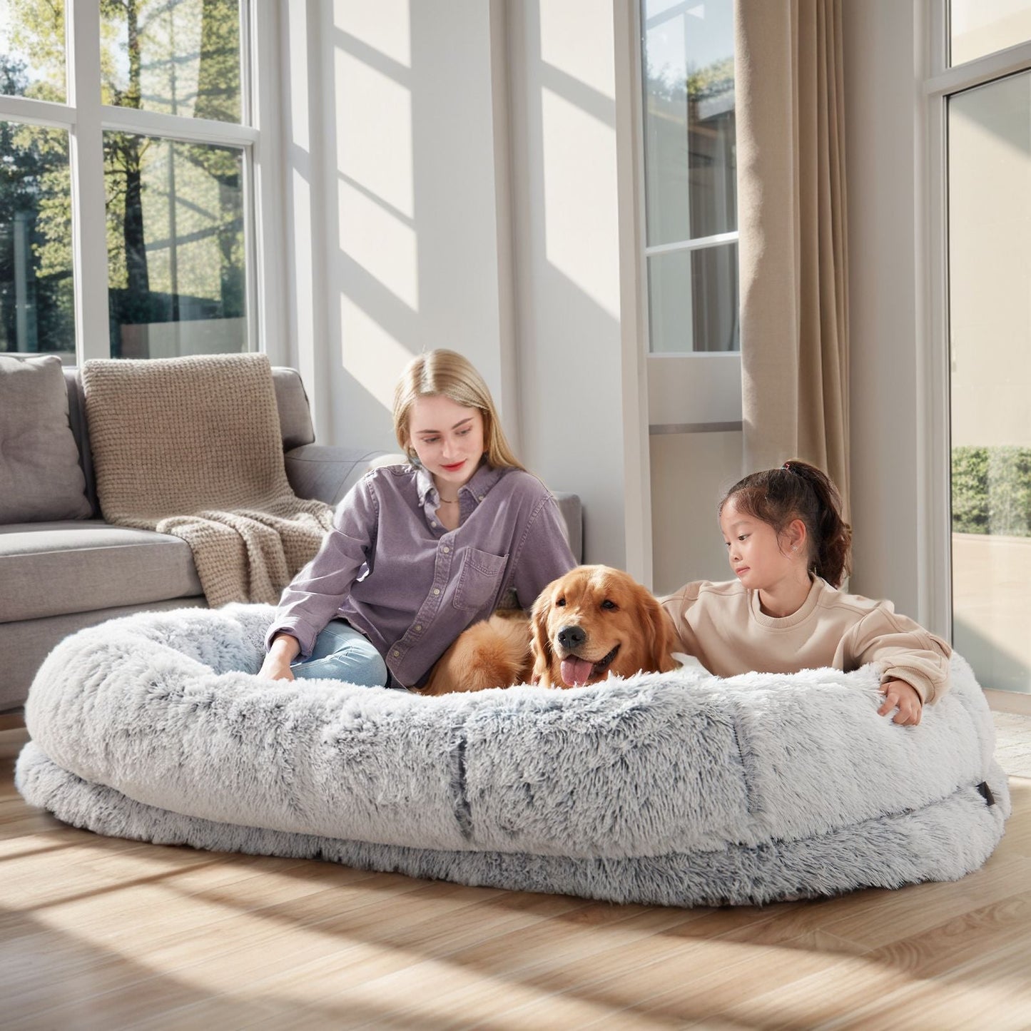 Human Dog Bed, Large Size Fits You and Pets, Washable Faux Fur Dog Bed for People Doze Off, Napping Orthopedic Dog Bed, Present Plump Pillow, Blanket, Strap - DelightsDownSouth