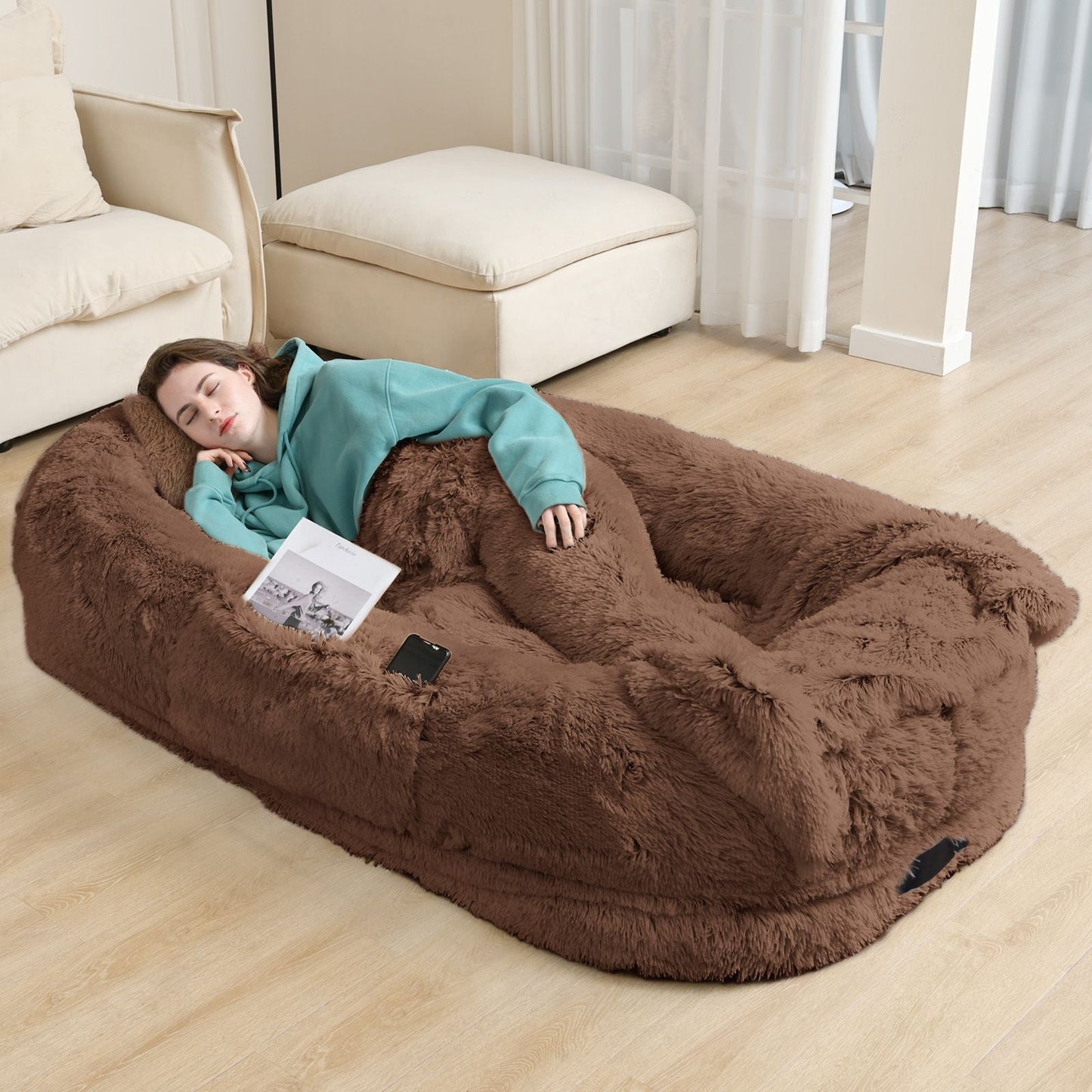 Human Dog Bed, Large Size Fits You and Pets, Washable Faux Fur Dog Bed for People Doze Off, Napping Orthopedic Dog Bed, Present Plump Pillow, Blanket, Strap - DelightsDownSouth