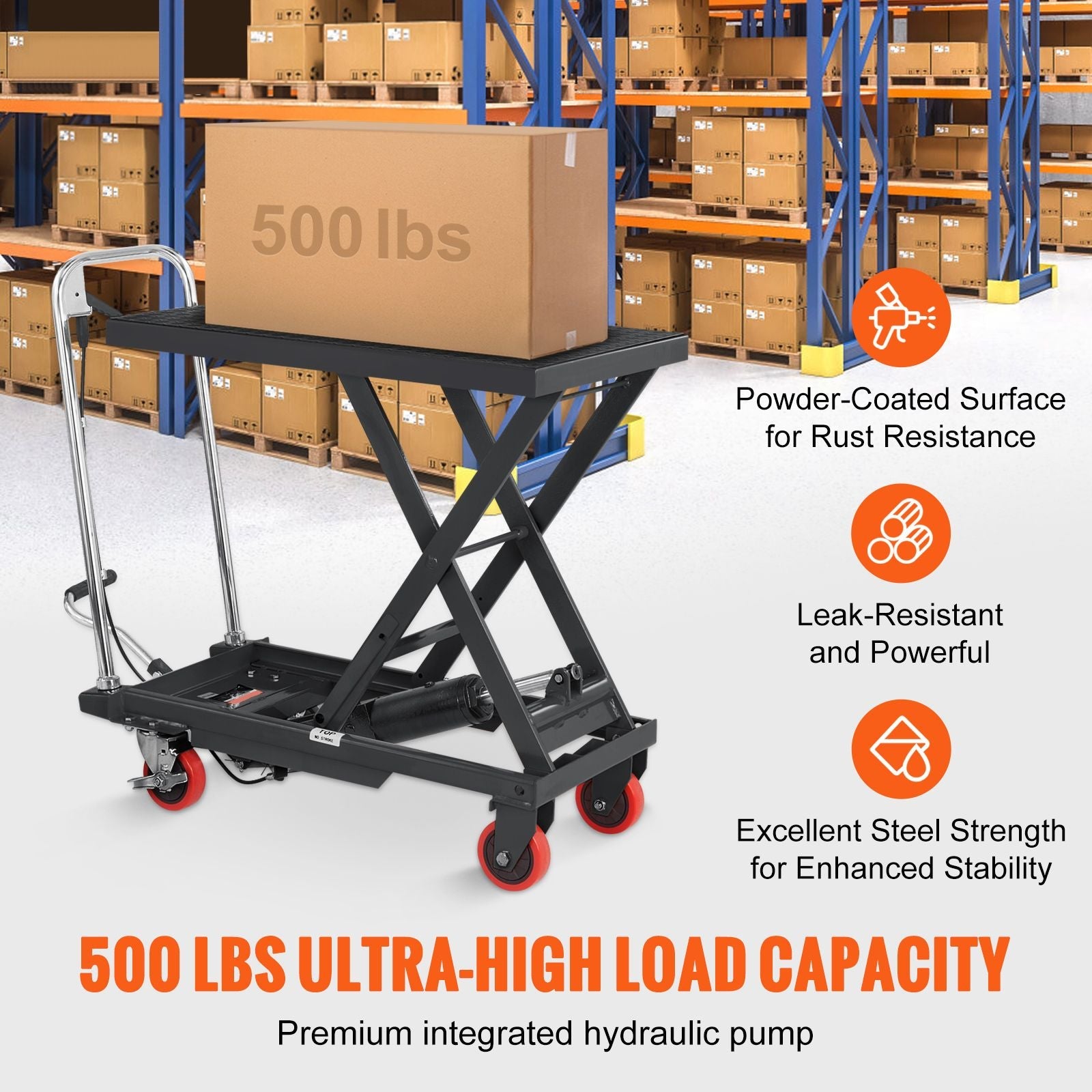 Hydraulic Lift Table Cart, 500lbs Capacity 28.5" Lifting Height, Manual Single Scissor Lift Table with 4 Wheels and Non - slip Pad, Hydraulic Scissor Cart for Material Handling, Black - DelightsDownSouth