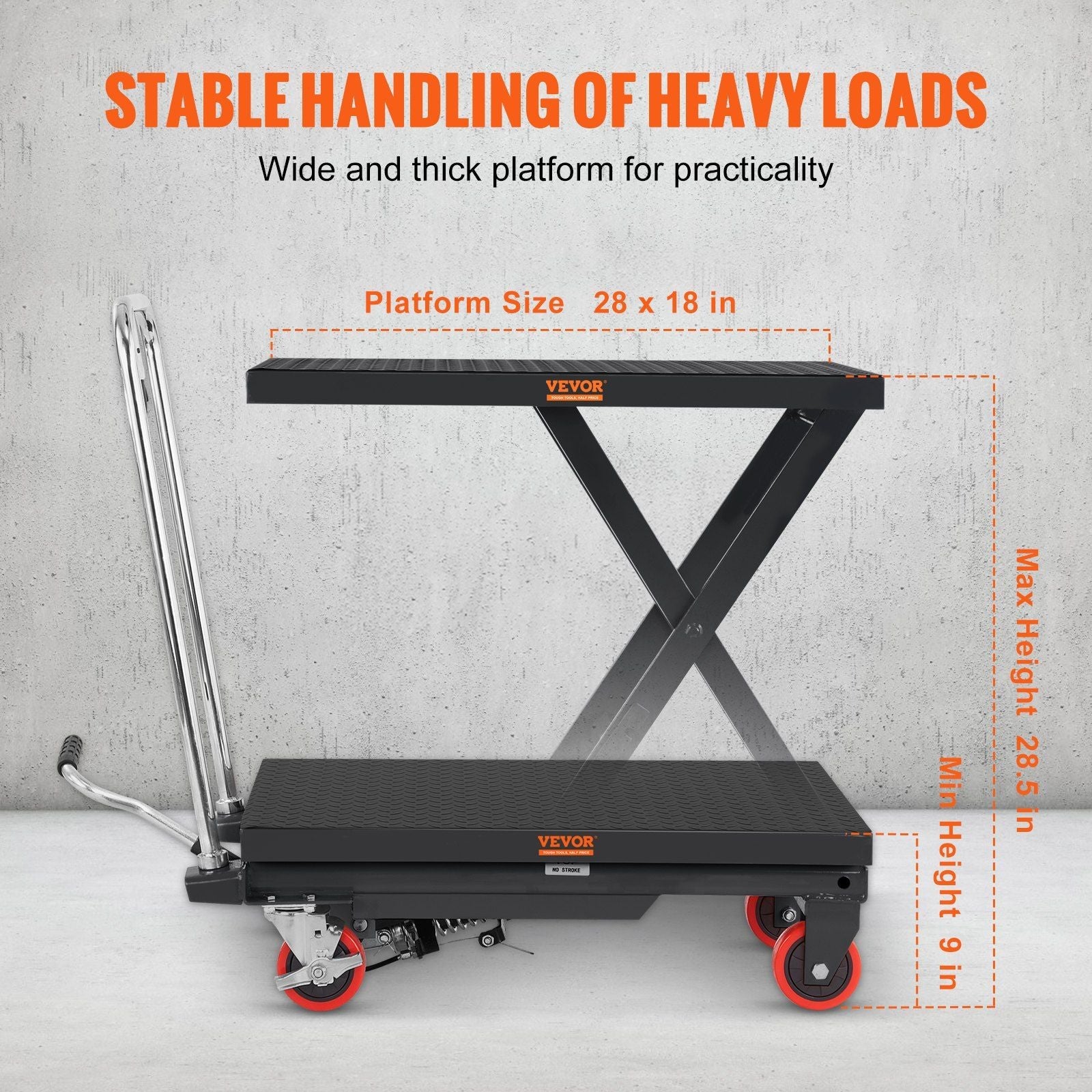 Hydraulic Lift Table Cart, 500lbs Capacity 28.5" Lifting Height, Manual Single Scissor Lift Table with 4 Wheels and Non - slip Pad, Hydraulic Scissor Cart for Material Handling, Black - DelightsDownSouth