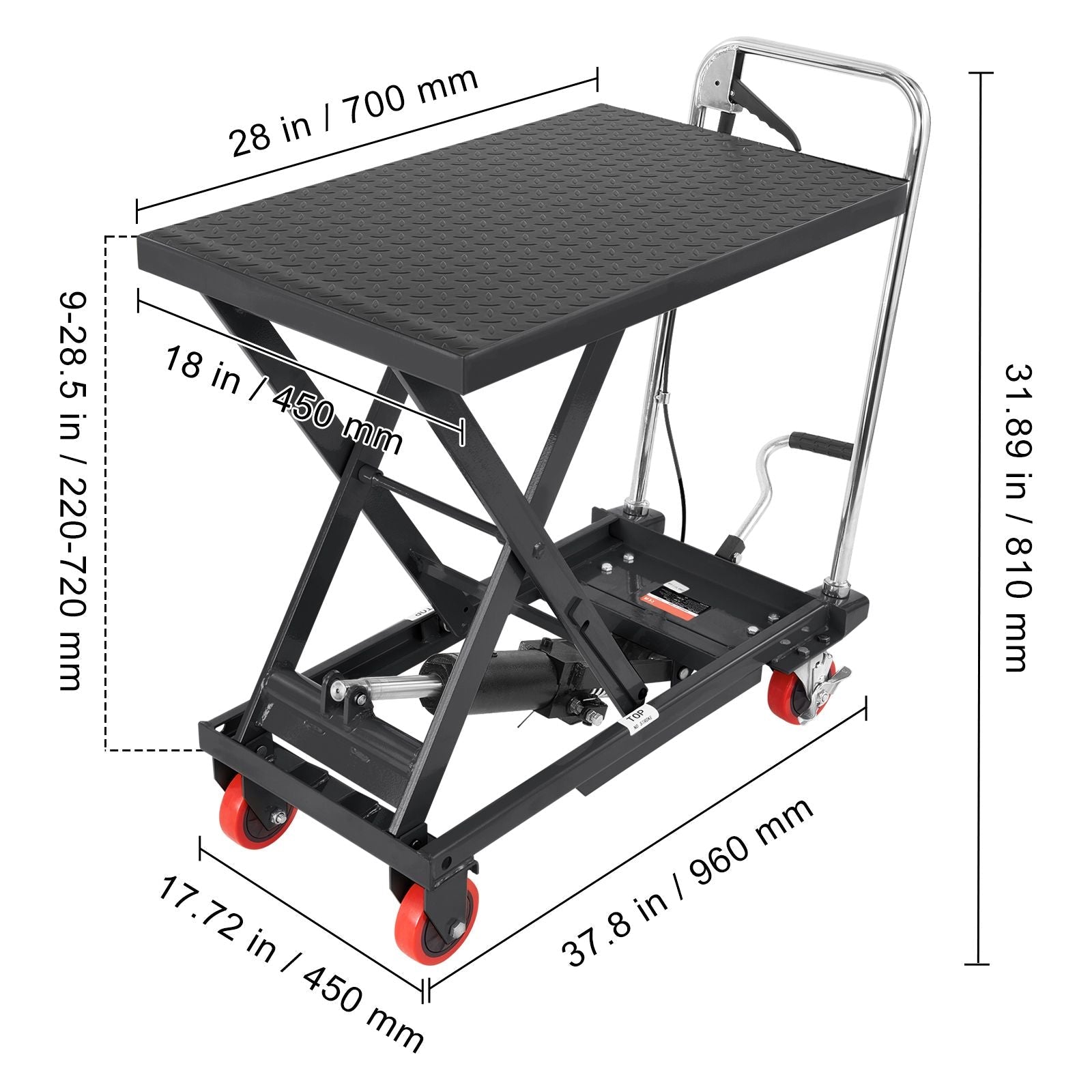 Hydraulic Lift Table Cart, 500lbs Capacity 28.5" Lifting Height, Manual Single Scissor Lift Table with 4 Wheels and Non - slip Pad, Hydraulic Scissor Cart for Material Handling, Black - DelightsDownSouth