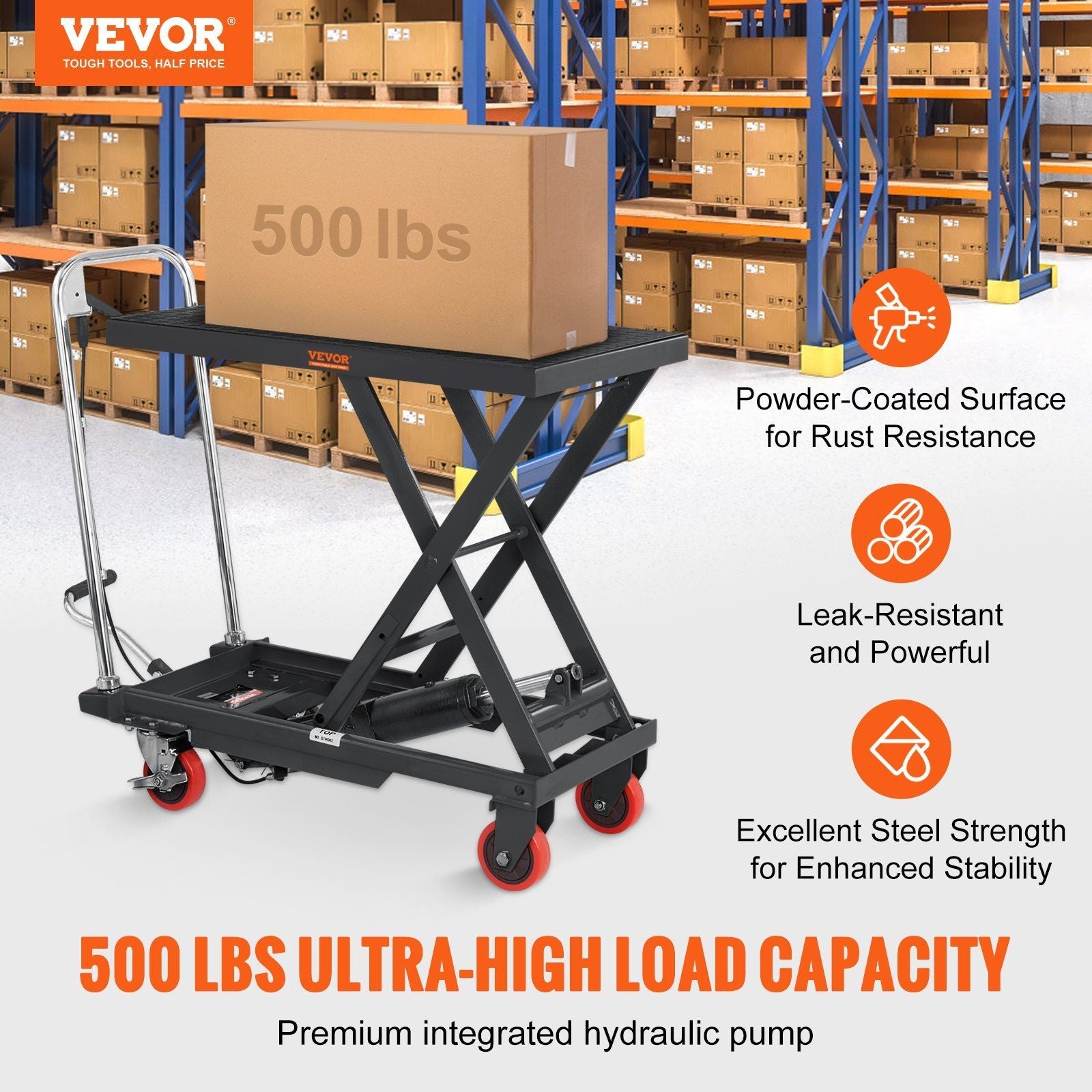 Hydraulic Lift Table Cart, 500lbs Capacity 28.5" Lifting Height, Manual Single Scissor Lift Table with 4 Wheels and Non - slip Pad, Hydraulic Scissor Cart for Material Handling, Black - DelightsDownSouth