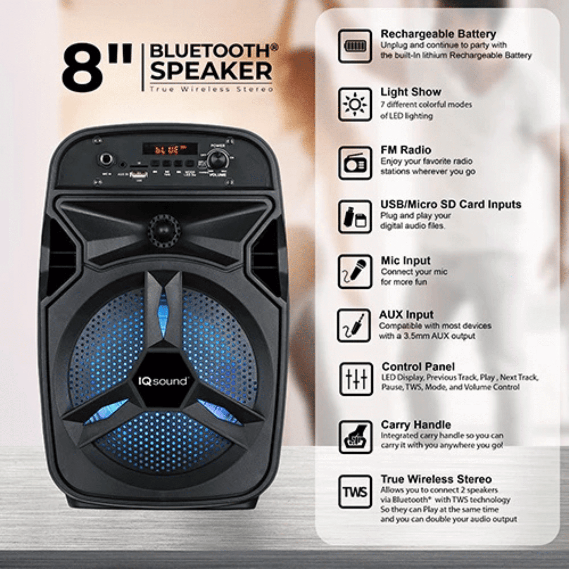 IQ Sound 8 - Inch Portable Bluetooth TWS Speaker - DelightsDownSouth