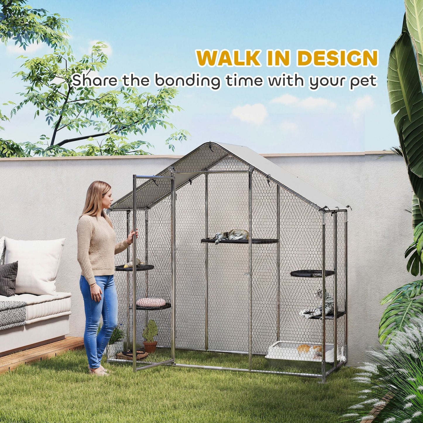 Large Catio Outdoor Cat Enclosure with Waterproof Cover, Walk - in Cat Patio w/ 5 Adjustable Platforms & Hammock - DelightsDownSouth