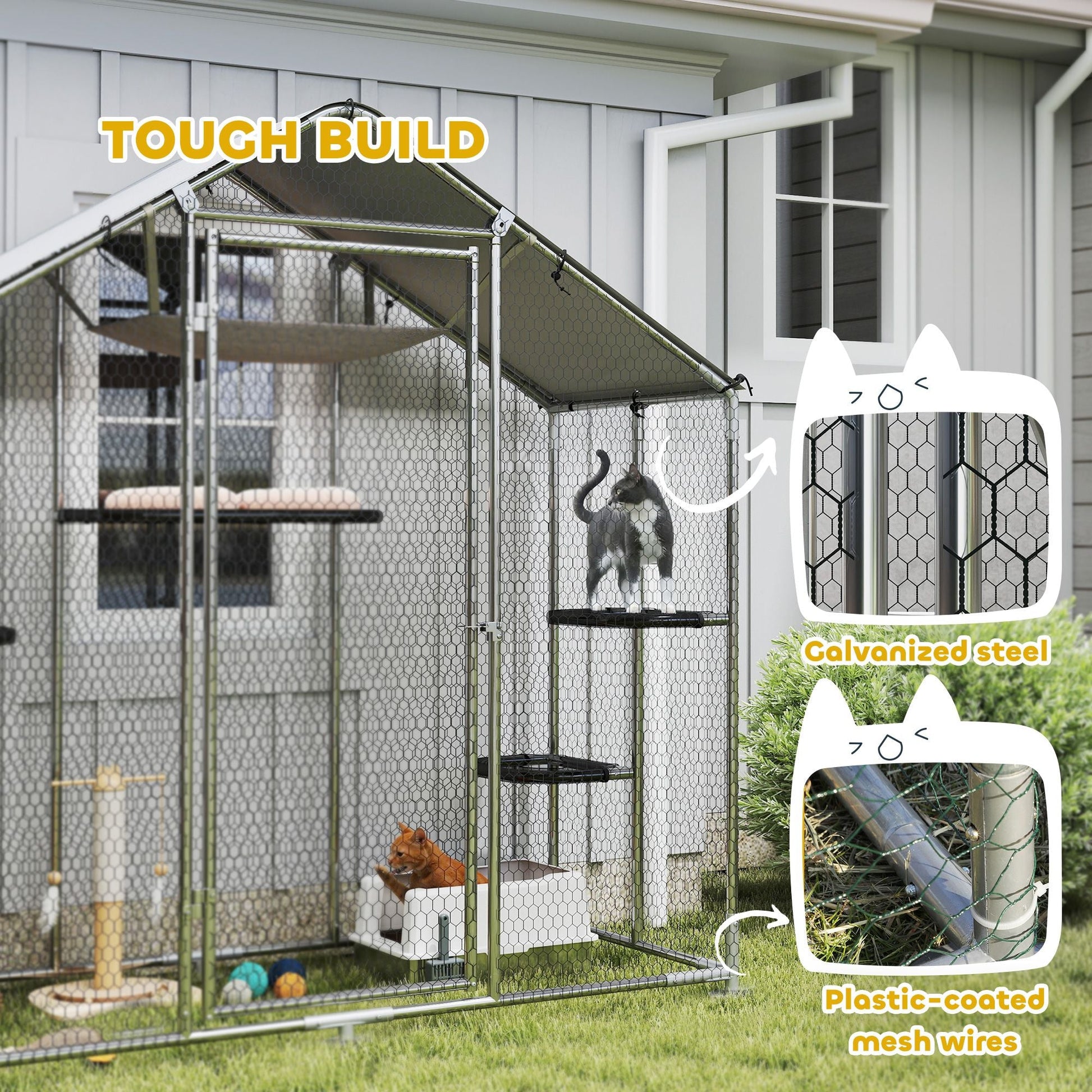 Large Catio Outdoor Cat Enclosure with Waterproof Cover, Walk - in Cat Patio w/ 5 Adjustable Platforms & Hammock - DelightsDownSouth