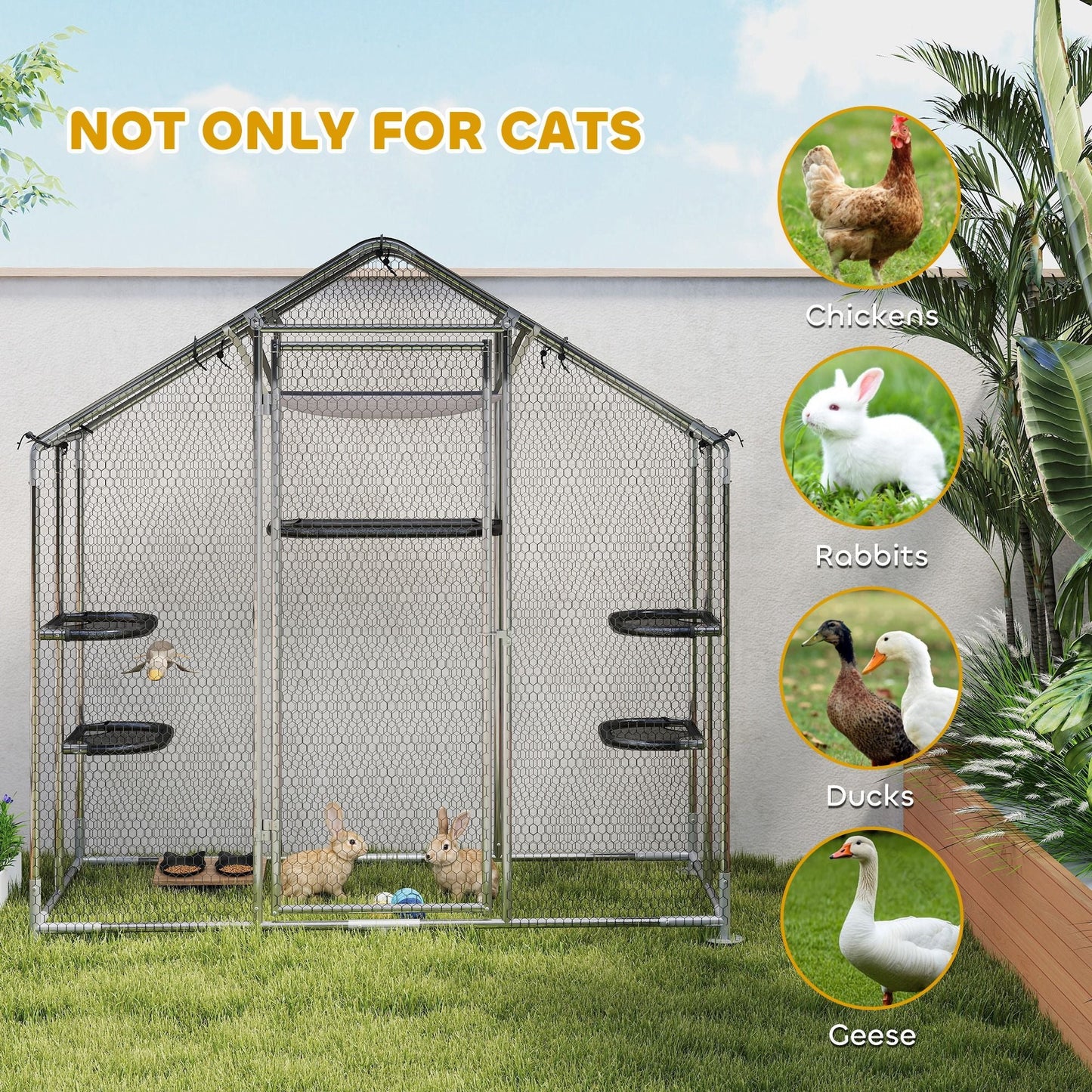Large Catio Outdoor Cat Enclosure with Waterproof Cover, Walk - in Cat Patio w/ 5 Adjustable Platforms & Hammock - DelightsDownSouth