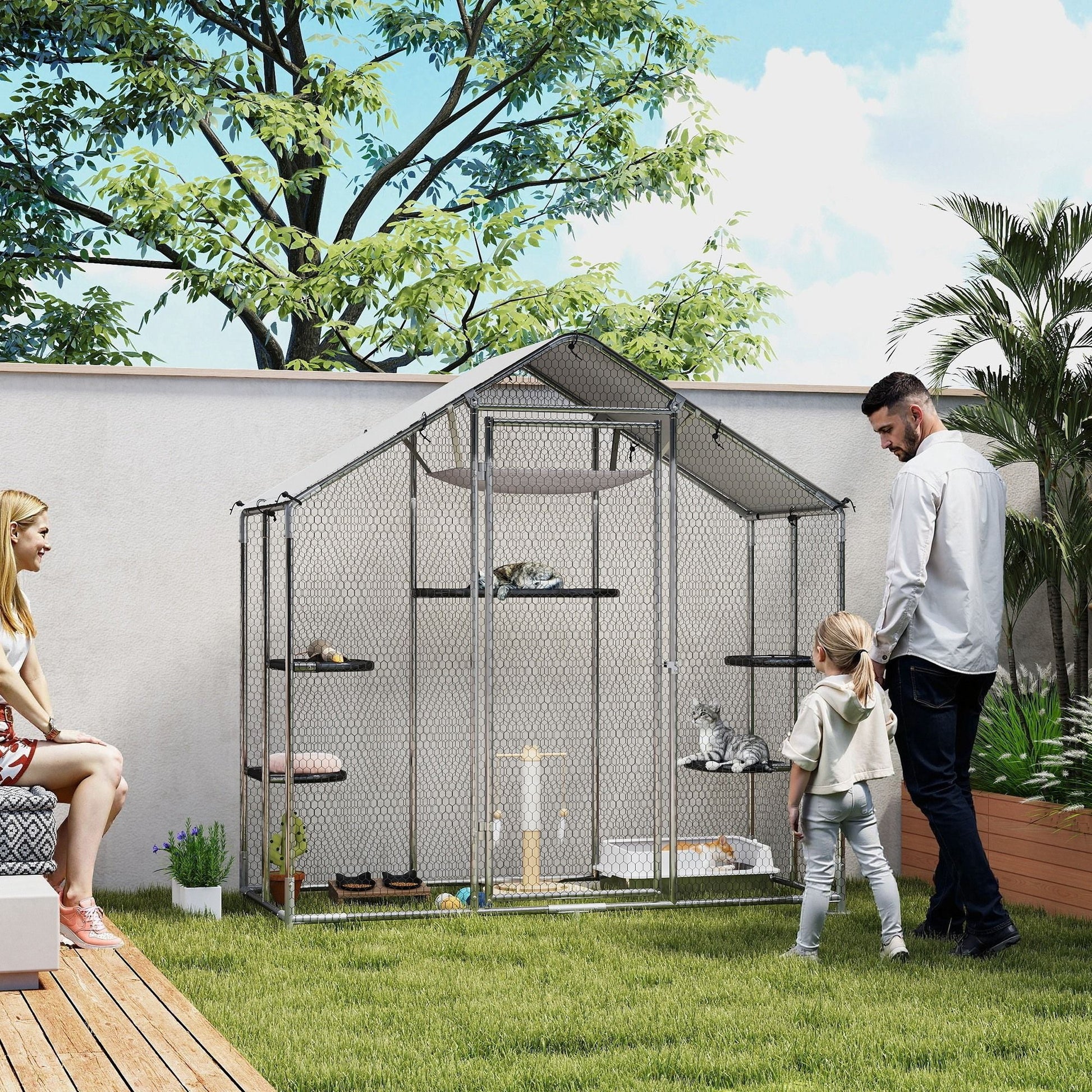 Large Catio Outdoor Cat Enclosure with Waterproof Cover, Walk - in Cat Patio w/ 5 Adjustable Platforms & Hammock - DelightsDownSouth