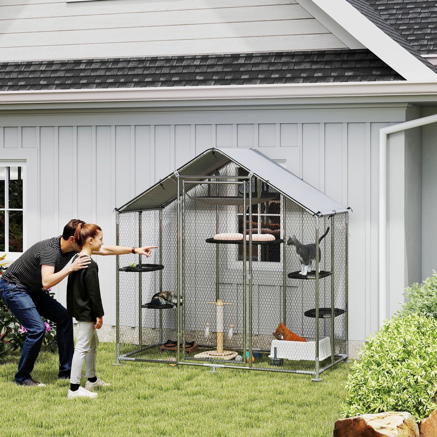 Large Catio Outdoor Cat Enclosure with Waterproof Cover, Walk - in Cat Patio w/ 5 Adjustable Platforms & Hammock - DelightsDownSouth