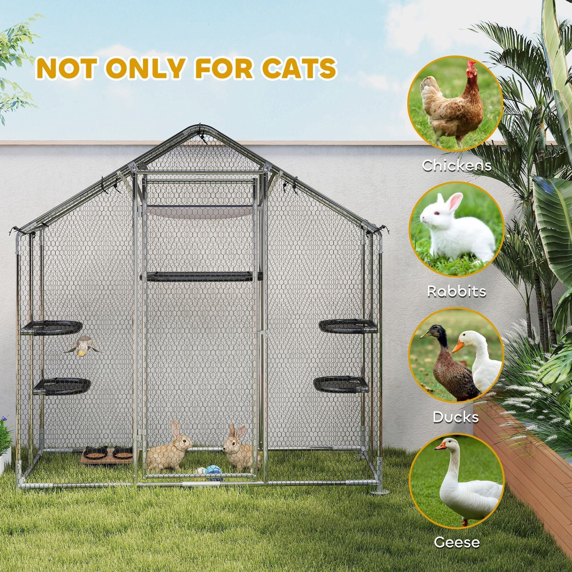 Large Catio Outdoor Cat Enclosure with Waterproof Cover, Walk - in Cat Patio w/ 5 Adjustable Platforms & Hammock - DelightsDownSouth