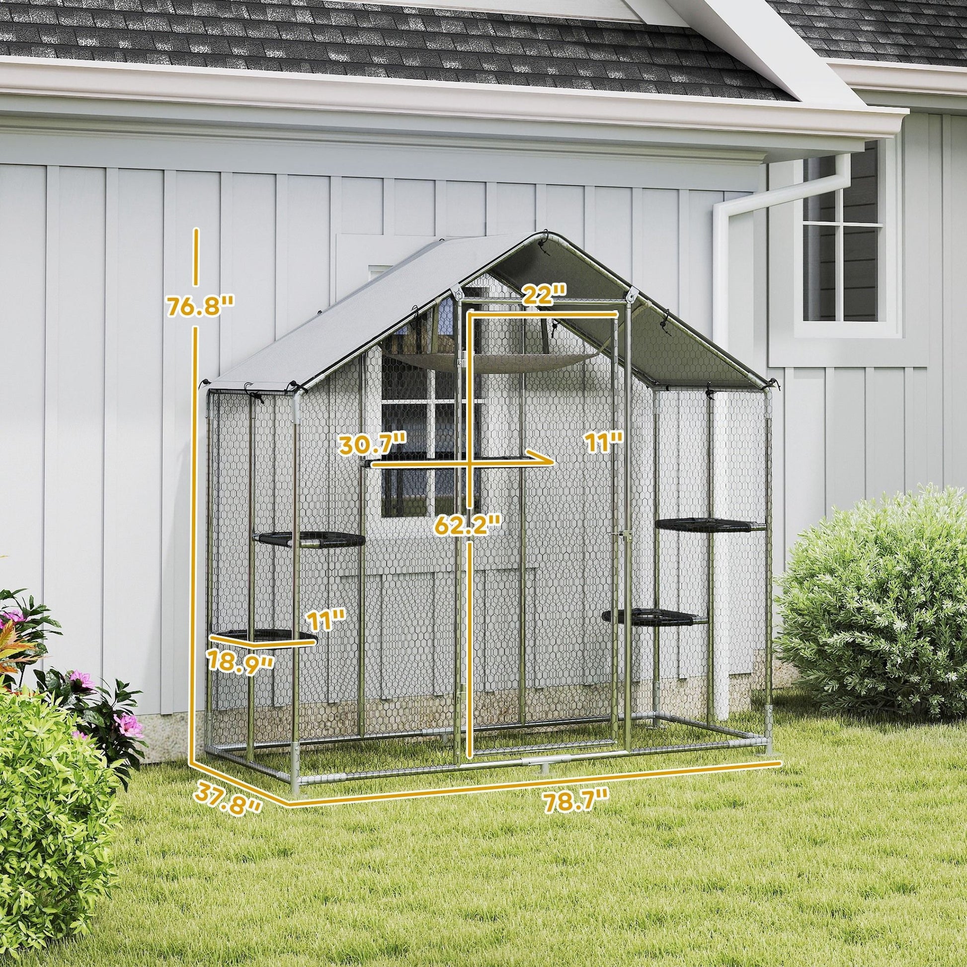 Large Catio Outdoor Cat Enclosure with Waterproof Cover, Walk - in Cat Patio w/ 5 Adjustable Platforms & Hammock - DelightsDownSouth