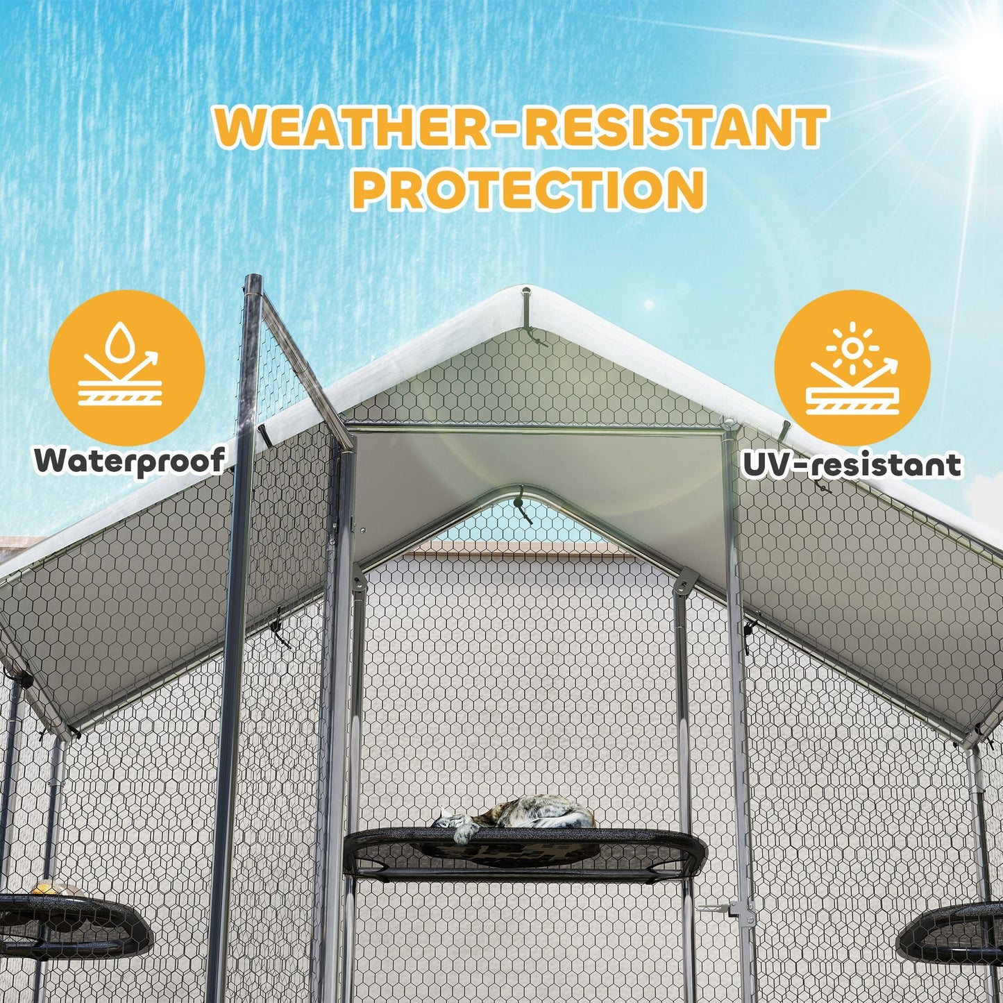 Large Catio Outdoor Cat Enclosure with Waterproof Cover, Walk - in Cat Patio w/ 5 Adjustable Platforms & Hammock - DelightsDownSouth