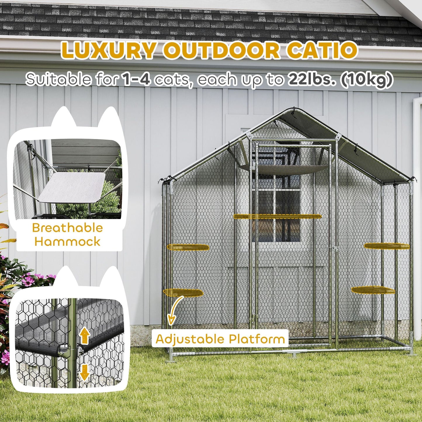 Large Catio Outdoor Cat Enclosure with Waterproof Cover, Walk - in Cat Patio w/ 5 Adjustable Platforms & Hammock - DelightsDownSouth