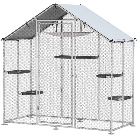 Large Catio Outdoor Cat Enclosure with Waterproof Cover, Walk - in Cat Patio w/ 5 Adjustable Platforms & Hammock - DelightsDownSouth
