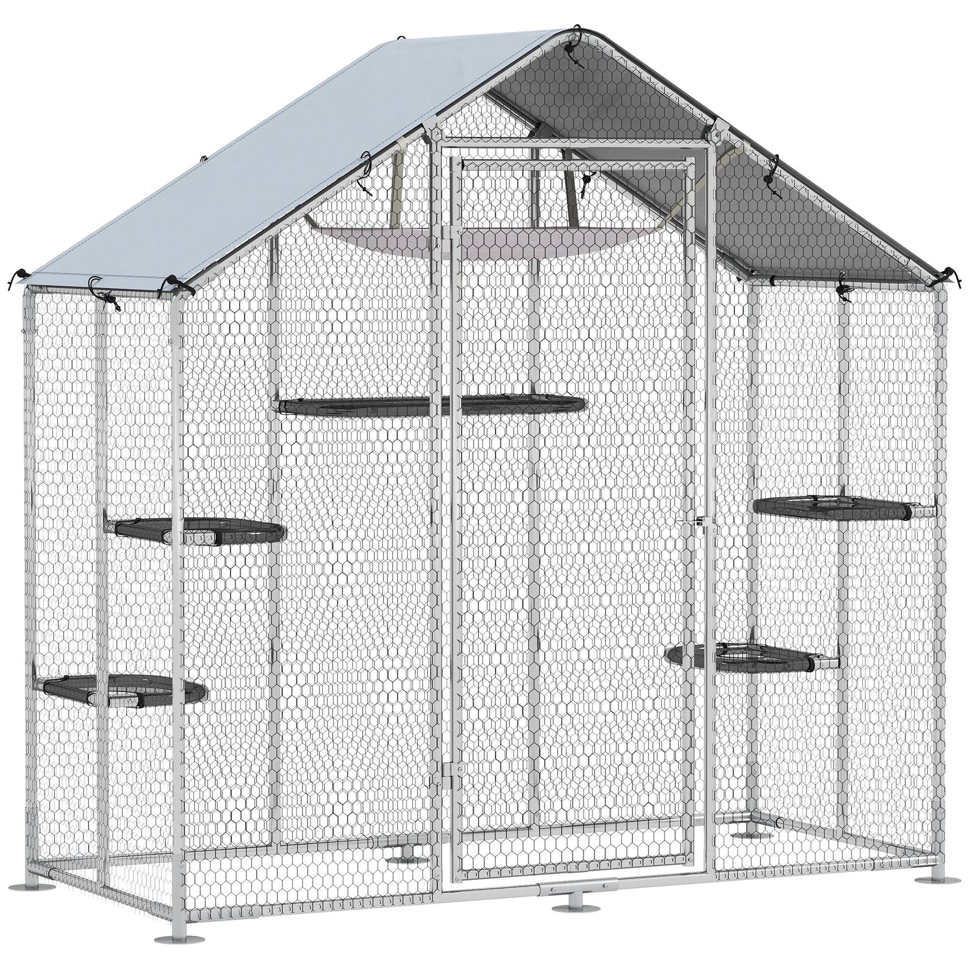 Large Catio Outdoor Cat Enclosure with Waterproof Cover, Walk - in Cat Patio w/ 5 Adjustable Platforms & Hammock - DelightsDownSouth