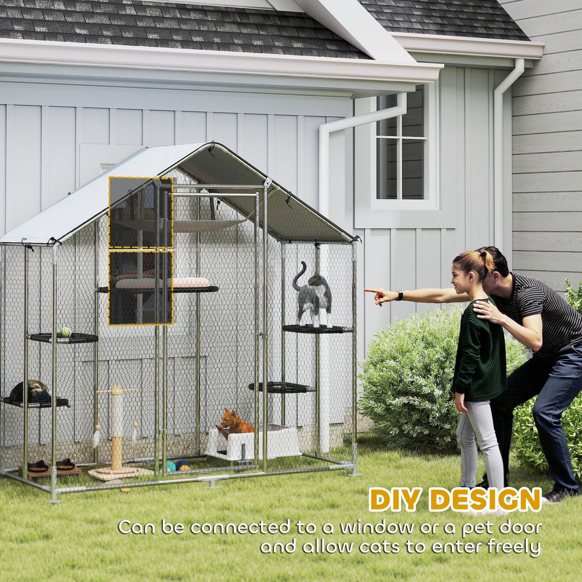 Large Catio Outdoor Cat Enclosure with Waterproof Cover, Walk - in Cat Patio w/ 5 Adjustable Platforms & Hammock - DelightsDownSouth