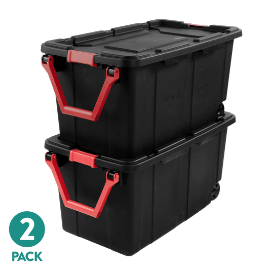 Large Wheeled Industrial Storage Bin, 40 Gallon Rugged Plastic Storage Tote with Latch Lid and Pull Handle, 2 Pack - DelightsDownSouth