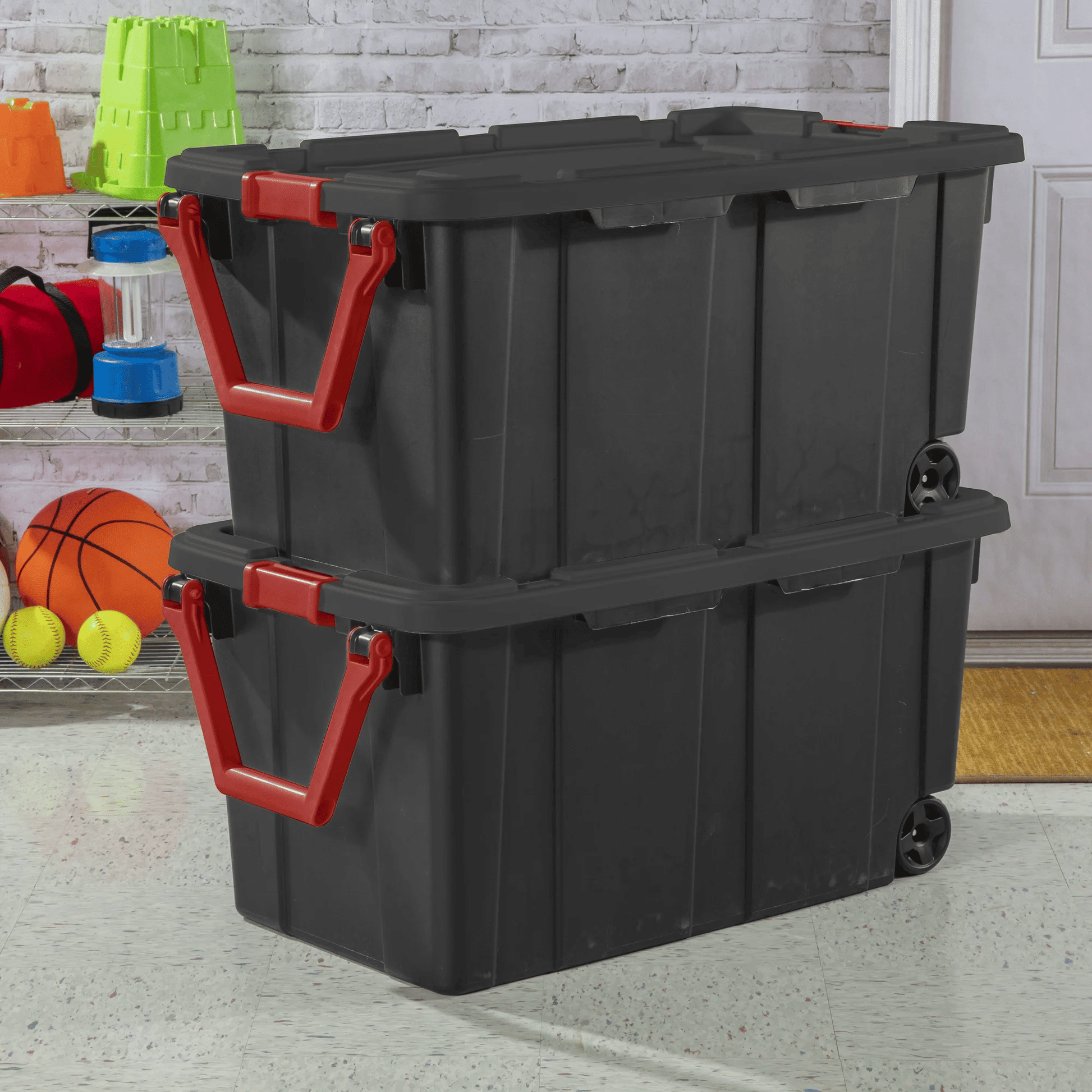 Large Wheeled Industrial Storage Bin, 40 Gallon Rugged Plastic Storage Tote with Latch Lid and Pull Handle, 2 Pack - DelightsDownSouth