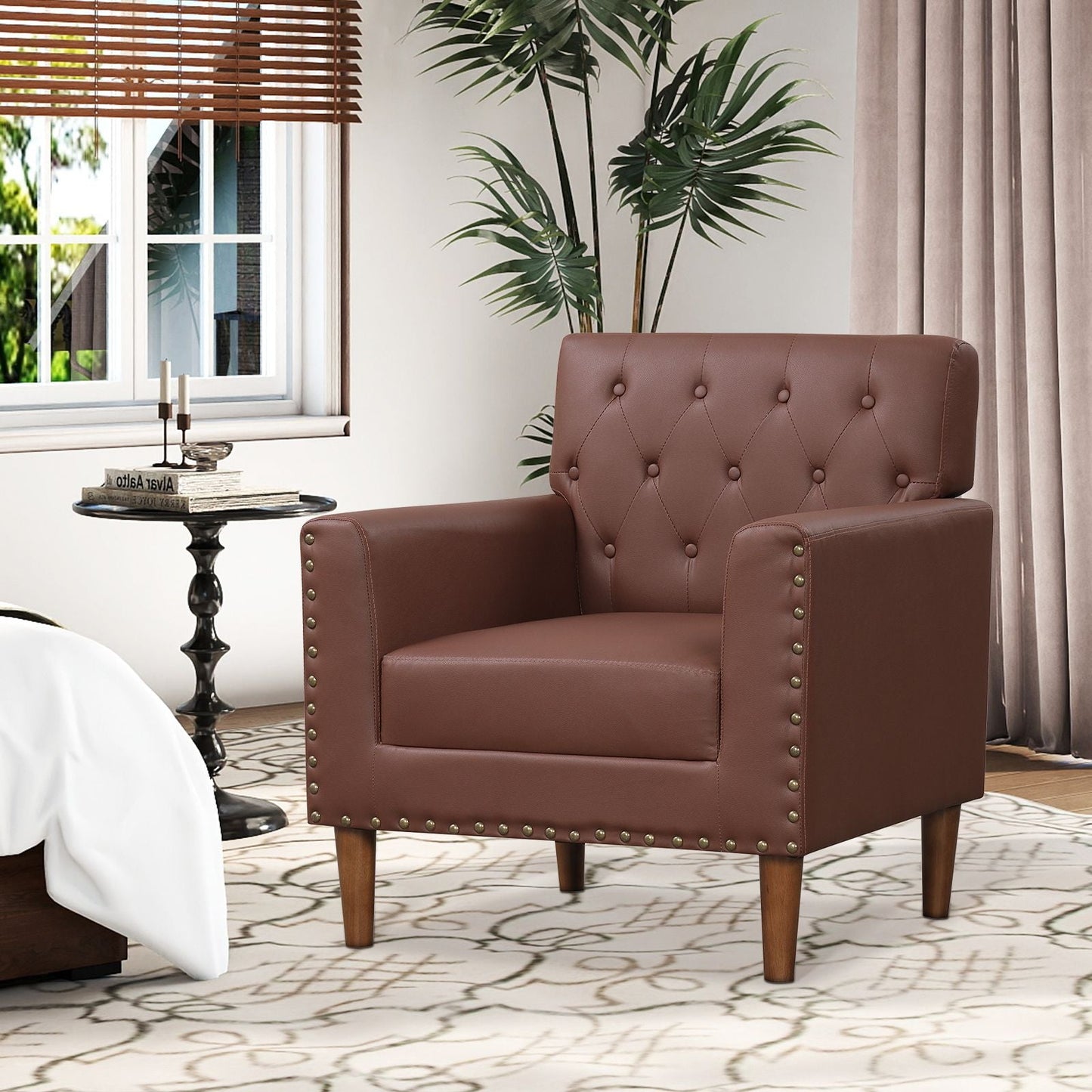 Mid Century Modern Accent Chair with Button Tufted Decoration and Rivets - DelightsDownSouth