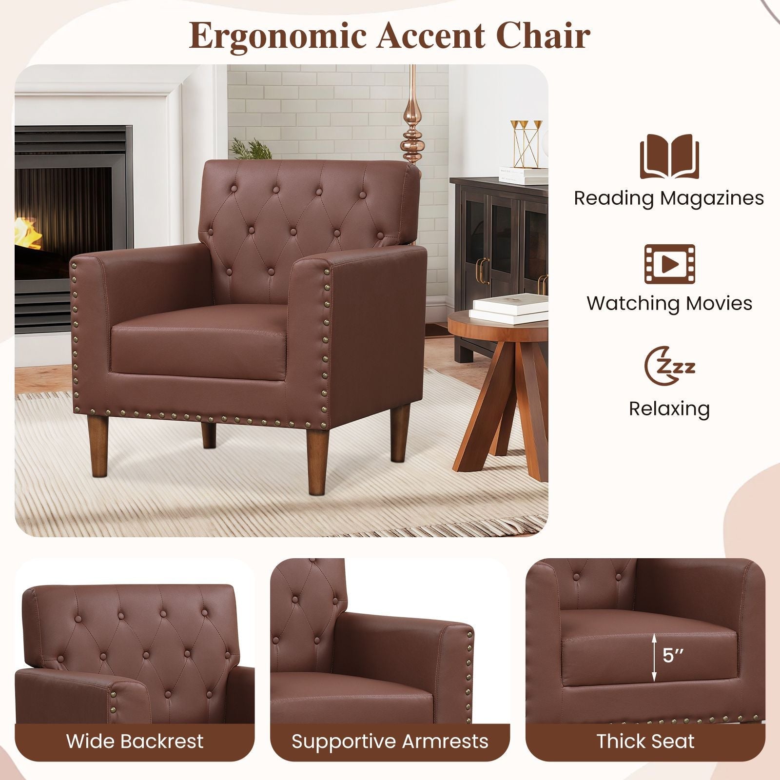 Mid Century Modern Accent Chair with Button Tufted Decoration and Rivets - DelightsDownSouth