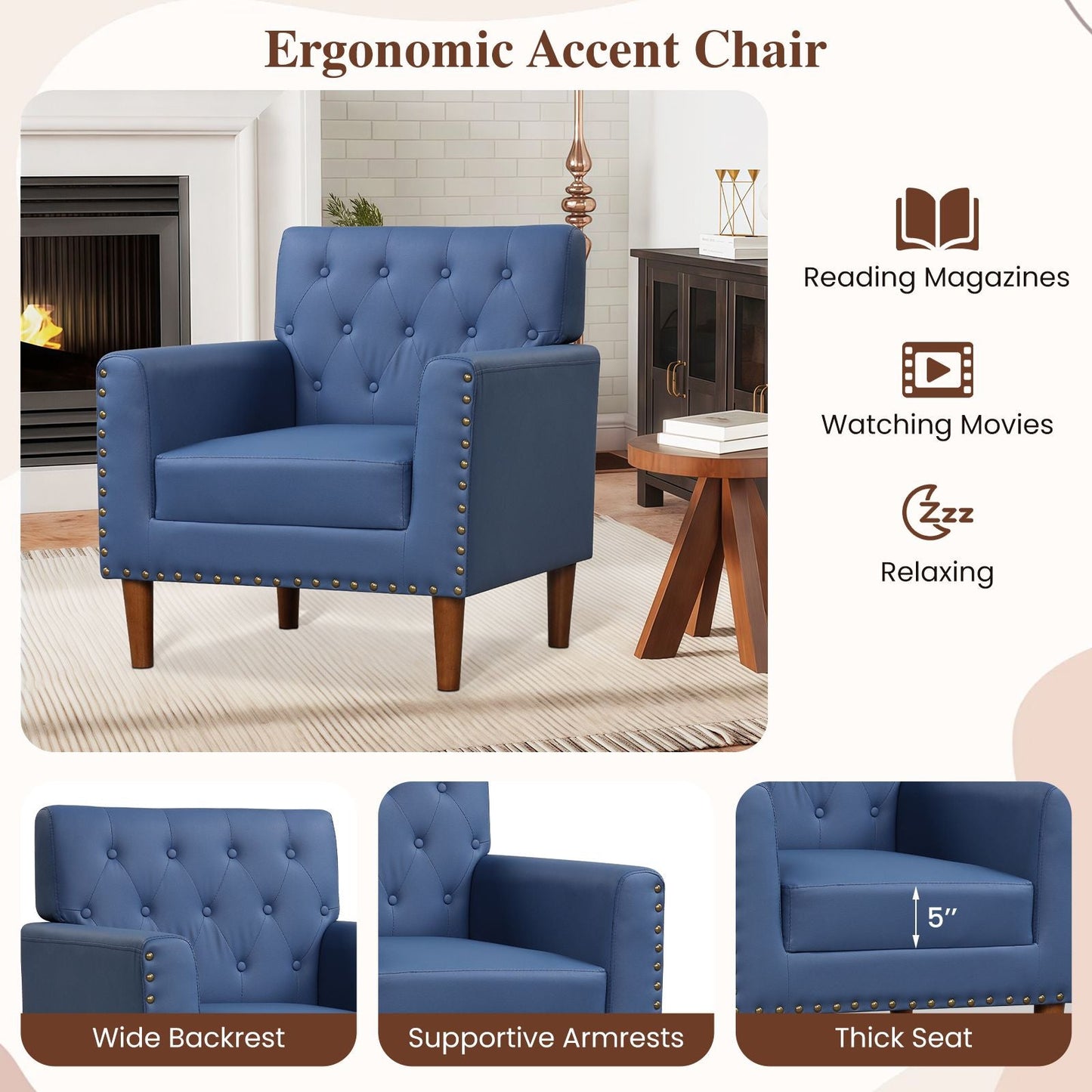 Mid Century Modern Accent Chair with Button Tufted Decoration and Rivets - DelightsDownSouth