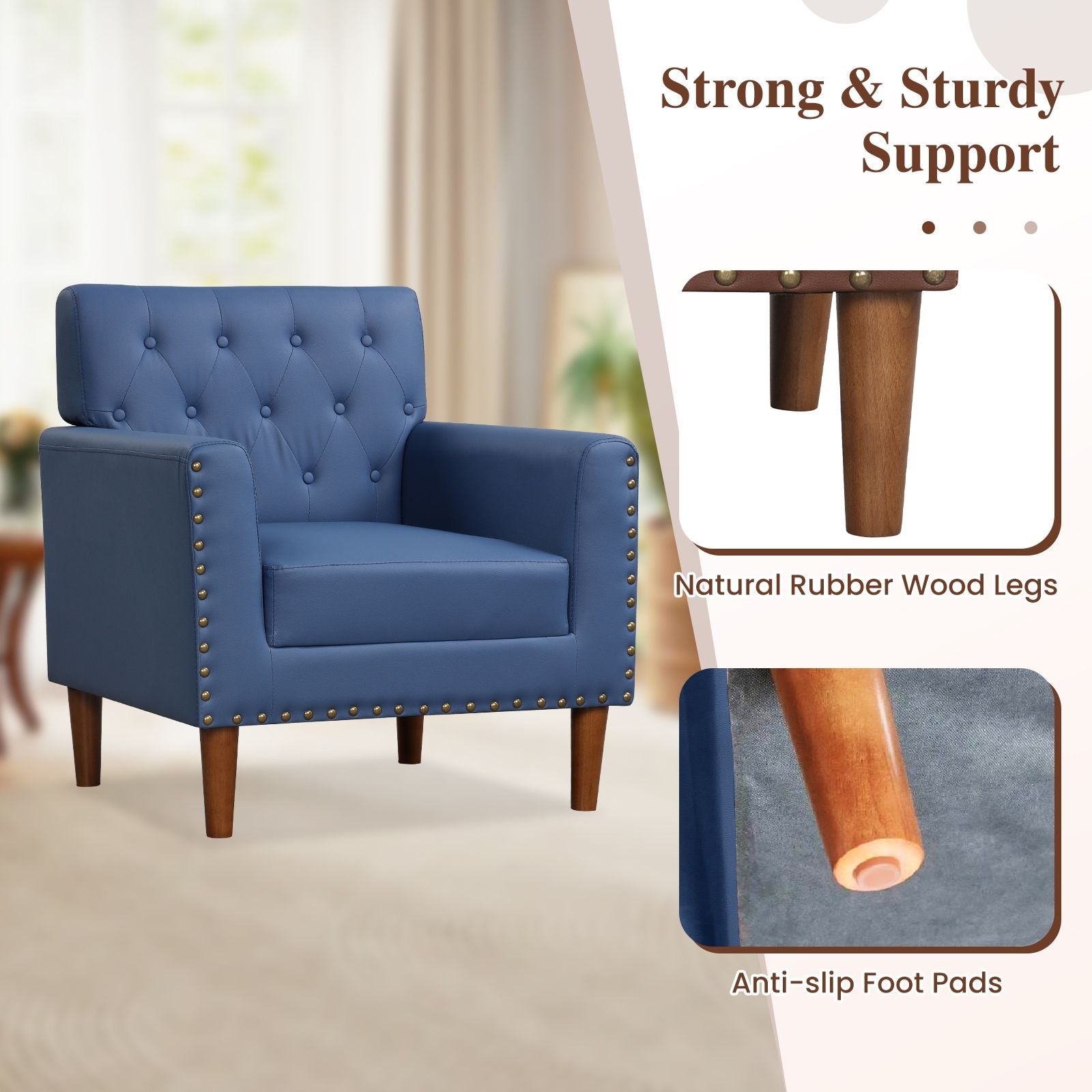 Mid Century Modern Accent Chair with Button Tufted Decoration and Rivets - DelightsDownSouth