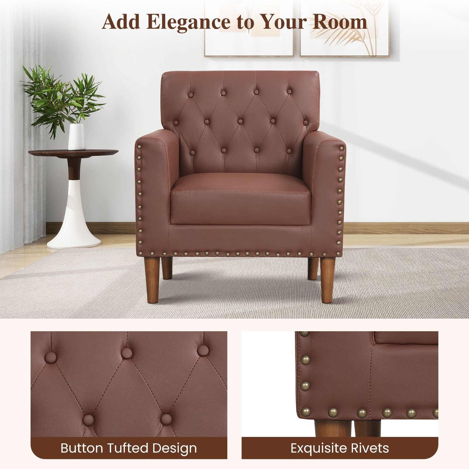 Mid Century Modern Accent Chair with Button Tufted Decoration and Rivets - DelightsDownSouth