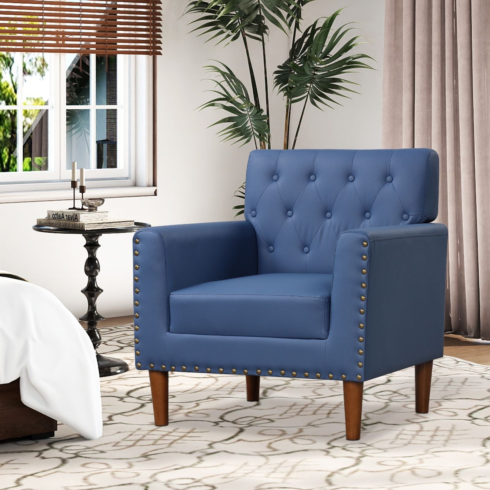 Mid Century Modern Accent Chair with Button Tufted Decoration and Rivets - DelightsDownSouth