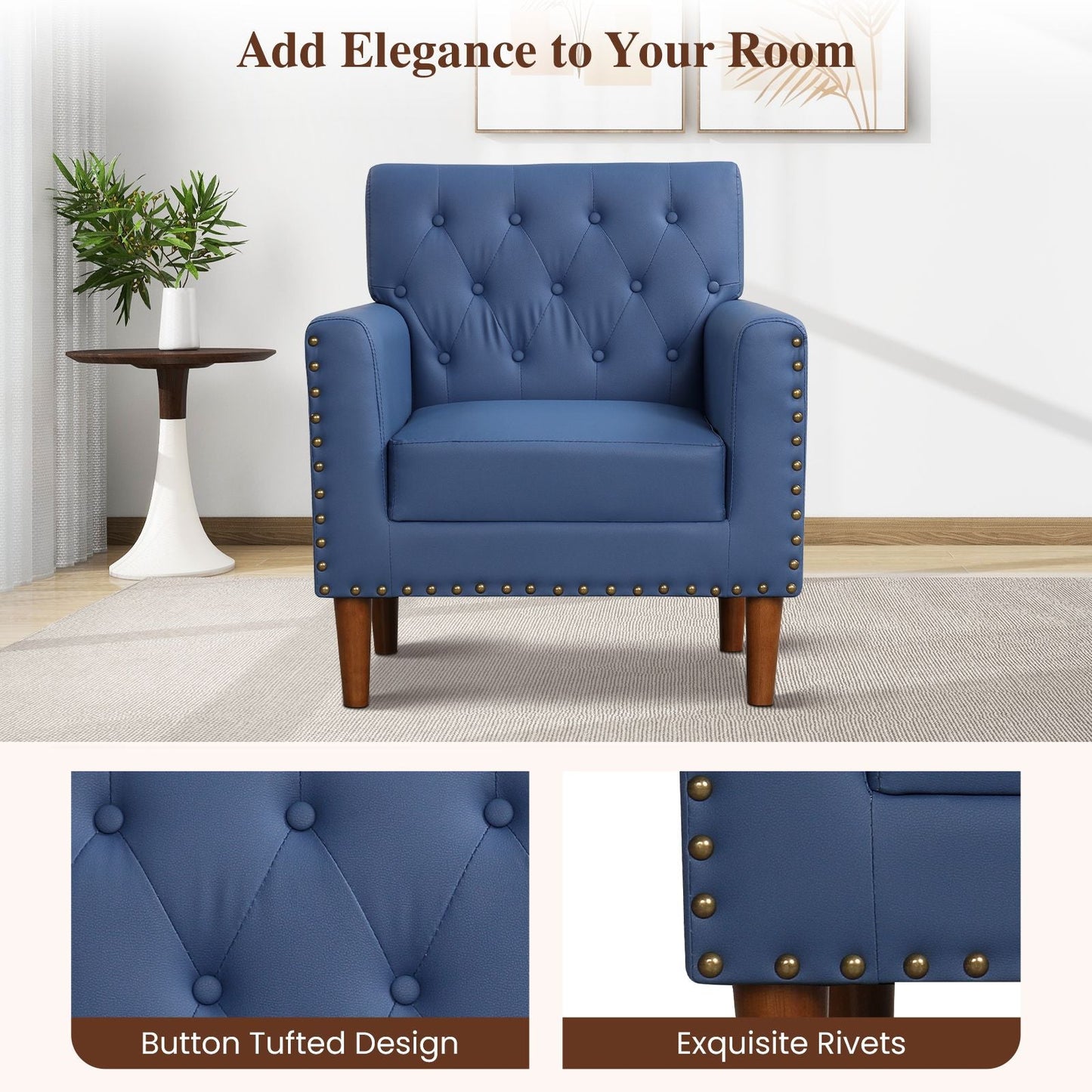 Mid Century Modern Accent Chair with Button Tufted Decoration and Rivets - DelightsDownSouth