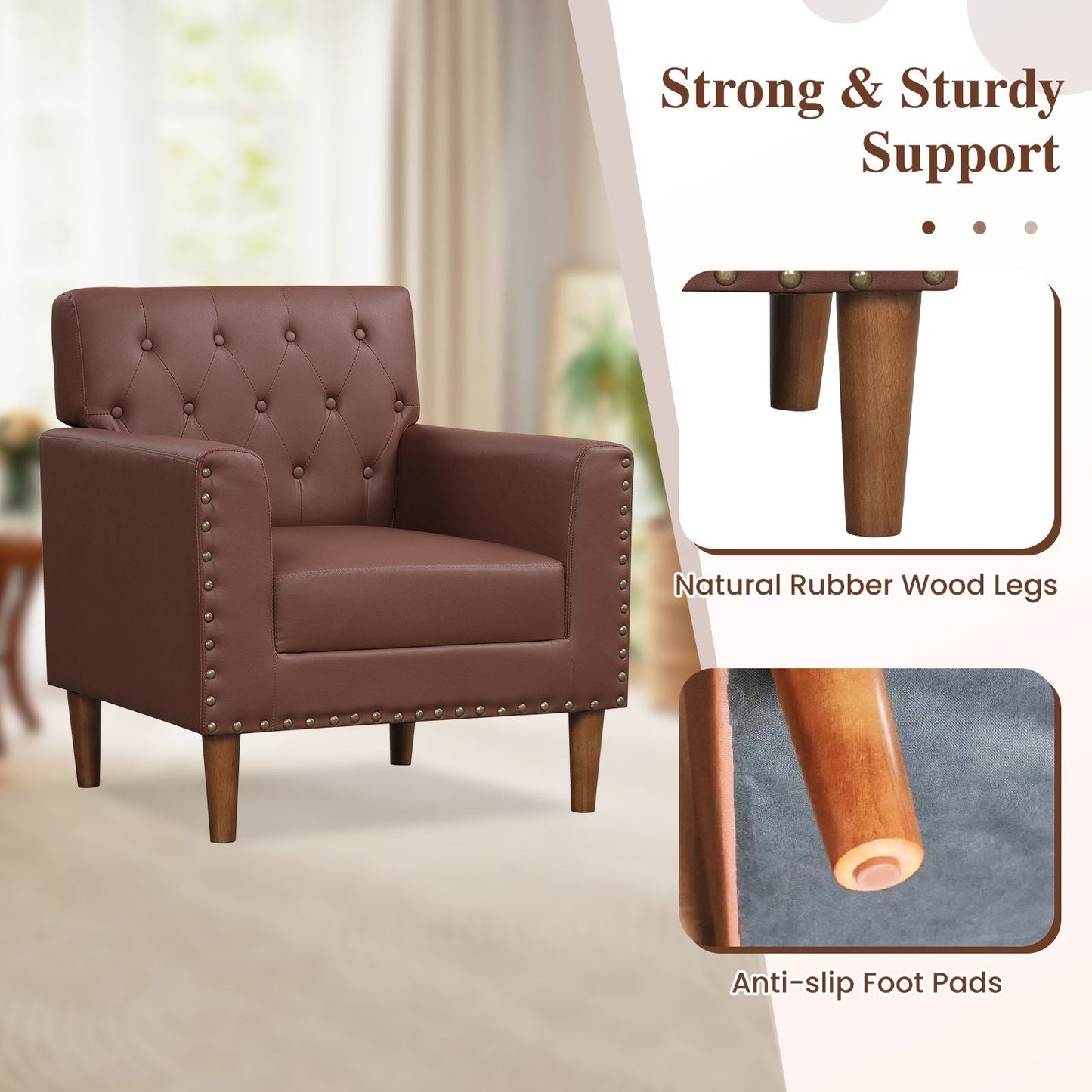 Mid Century Modern Accent Chair with Button Tufted Decoration and Rivets - DelightsDownSouth