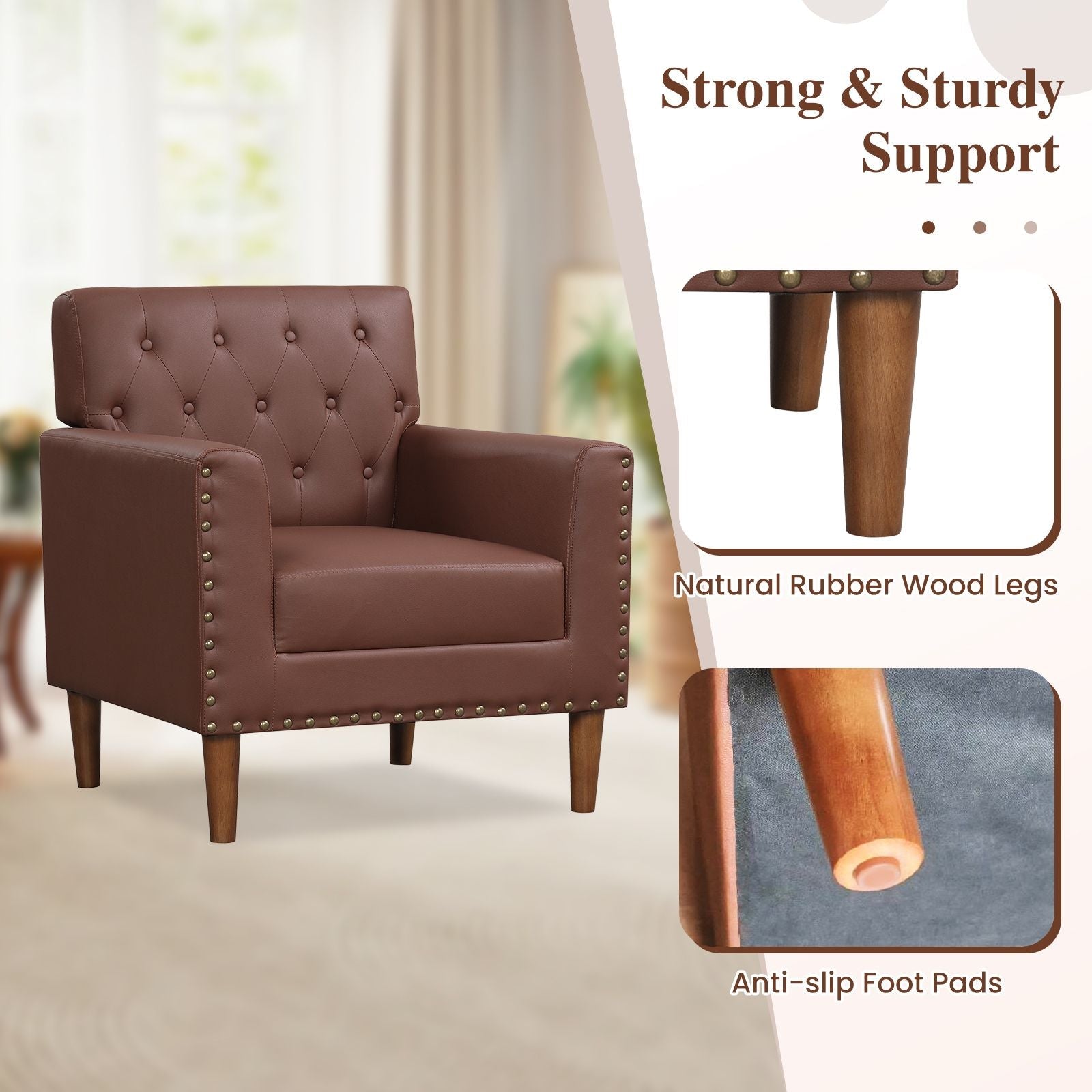 Mid Century Modern Accent Chair with Button Tufted Decoration and Rivets - DelightsDownSouth