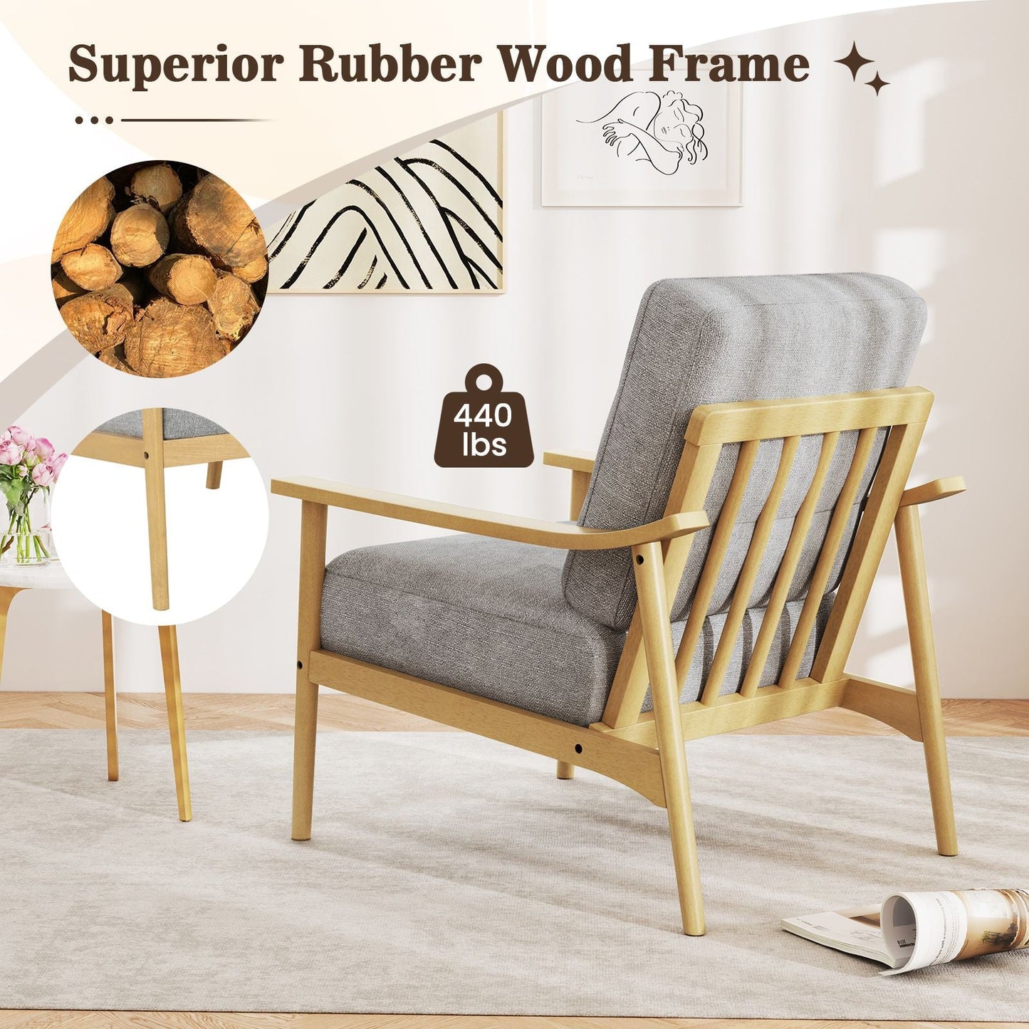 Modern Accent Chair with Rubber Wood Armrests and Legs for Living Room - DelightsDownSouth