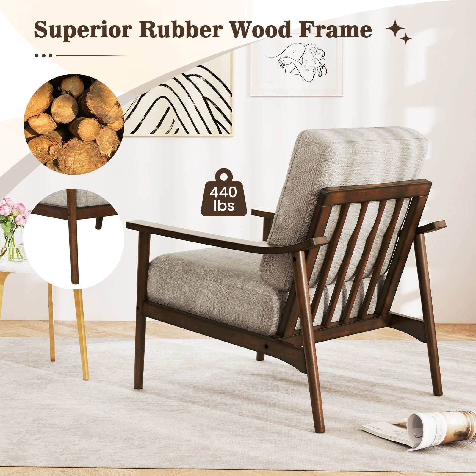 Modern Accent Chair with Rubber Wood Armrests and Legs for Living Room - DelightsDownSouth