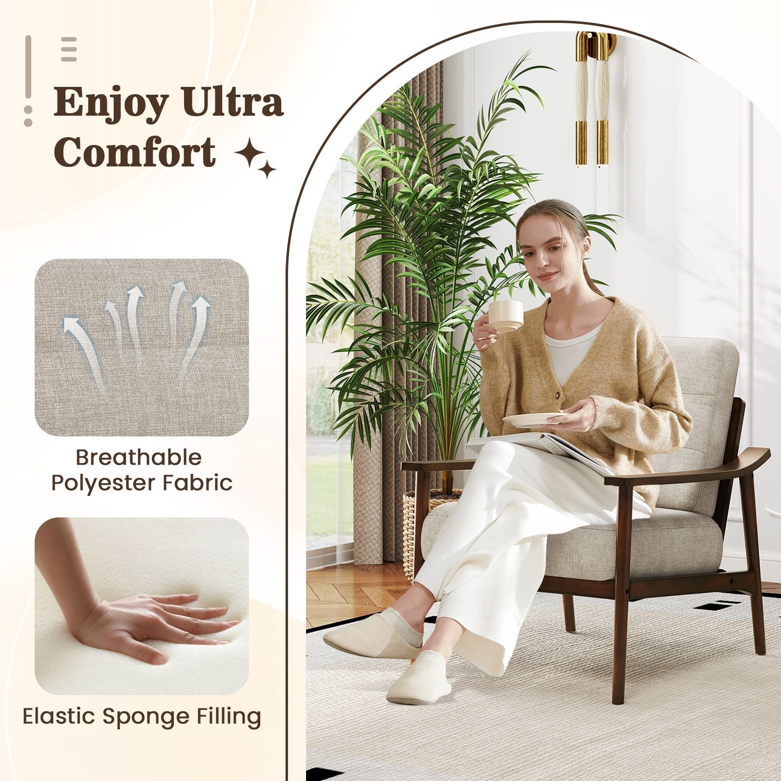 Modern Accent Chair with Rubber Wood Armrests and Legs for Living Room - DelightsDownSouth