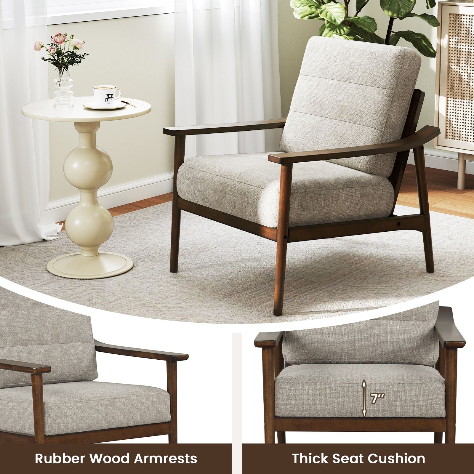 Modern Accent Chair with Rubber Wood Armrests and Legs for Living Room - DelightsDownSouth