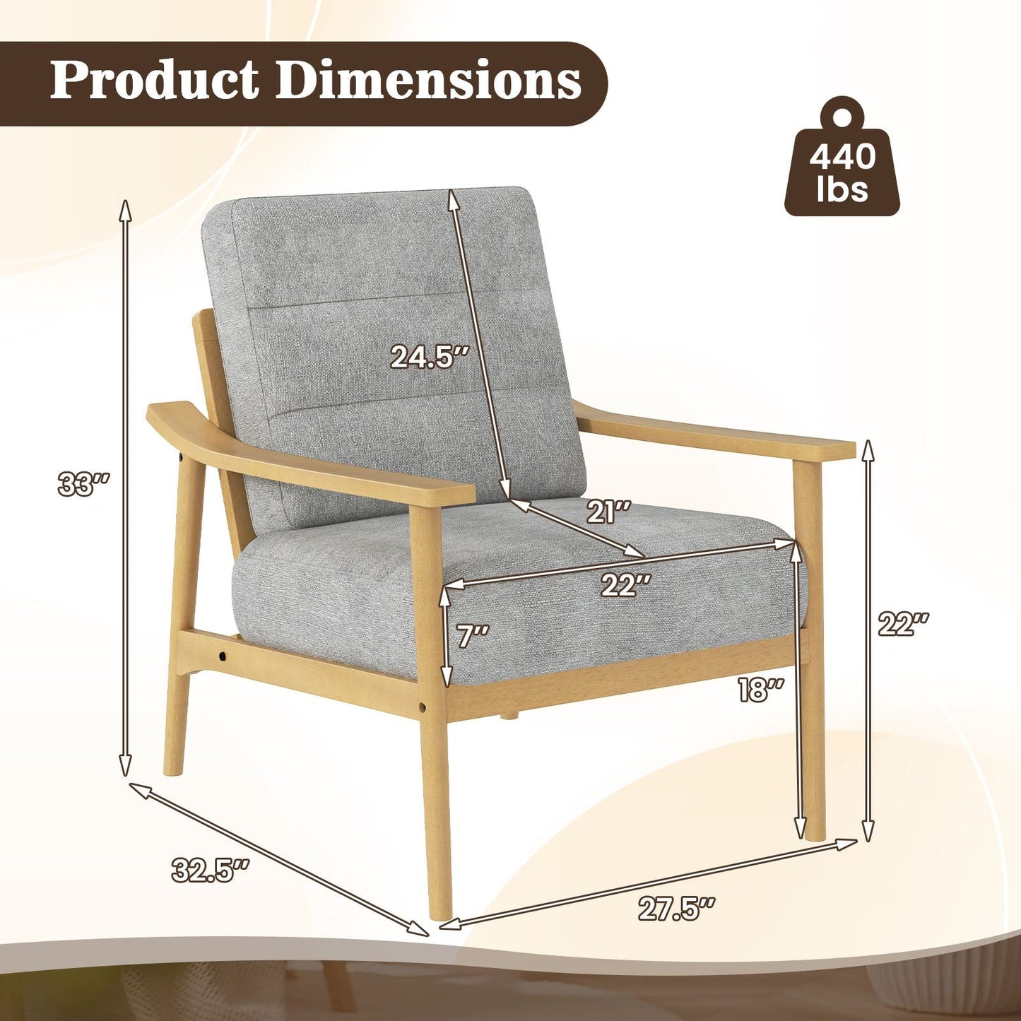 Modern Accent Chair with Rubber Wood Armrests and Legs for Living Room - DelightsDownSouth