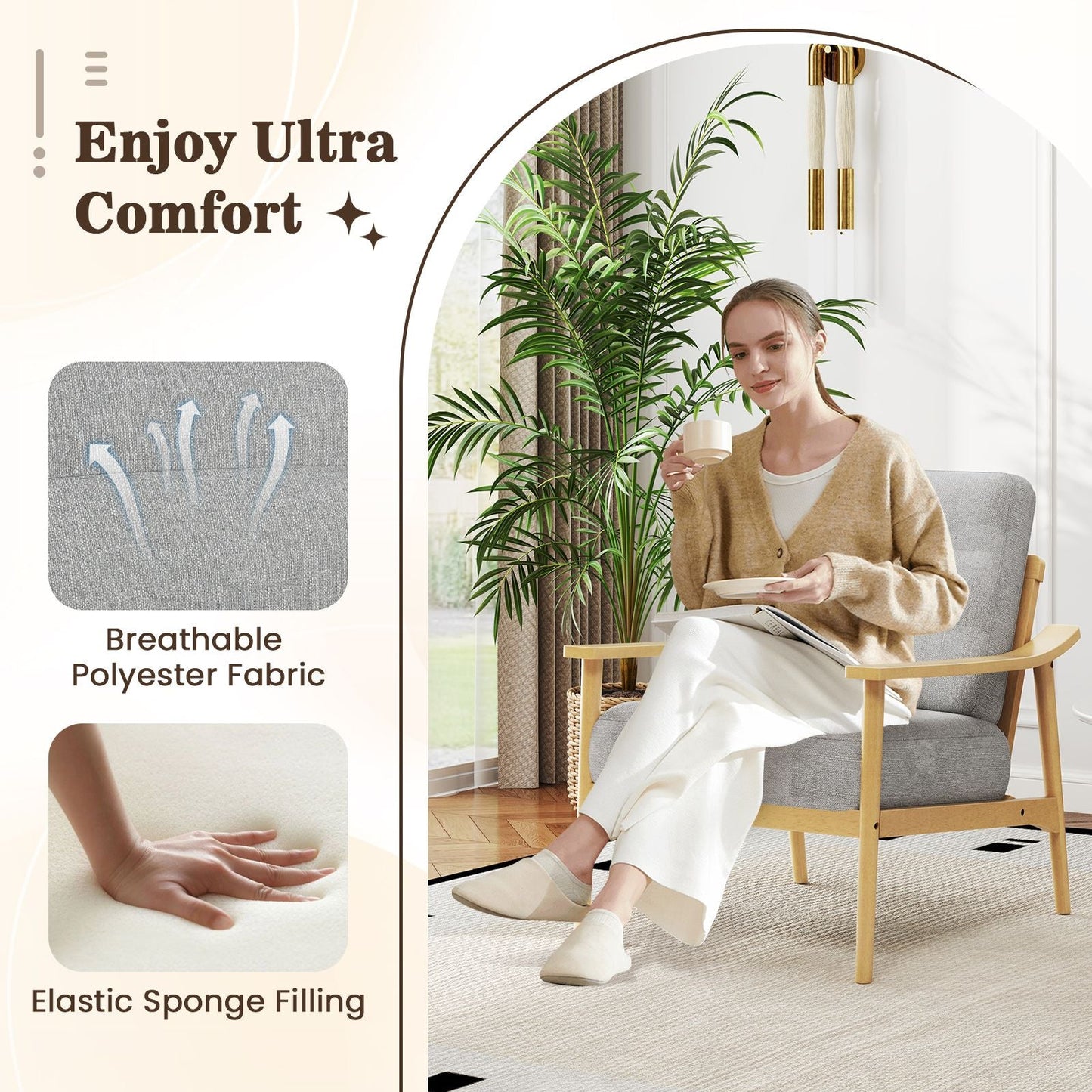 Modern Accent Chair with Rubber Wood Armrests and Legs for Living Room - DelightsDownSouth