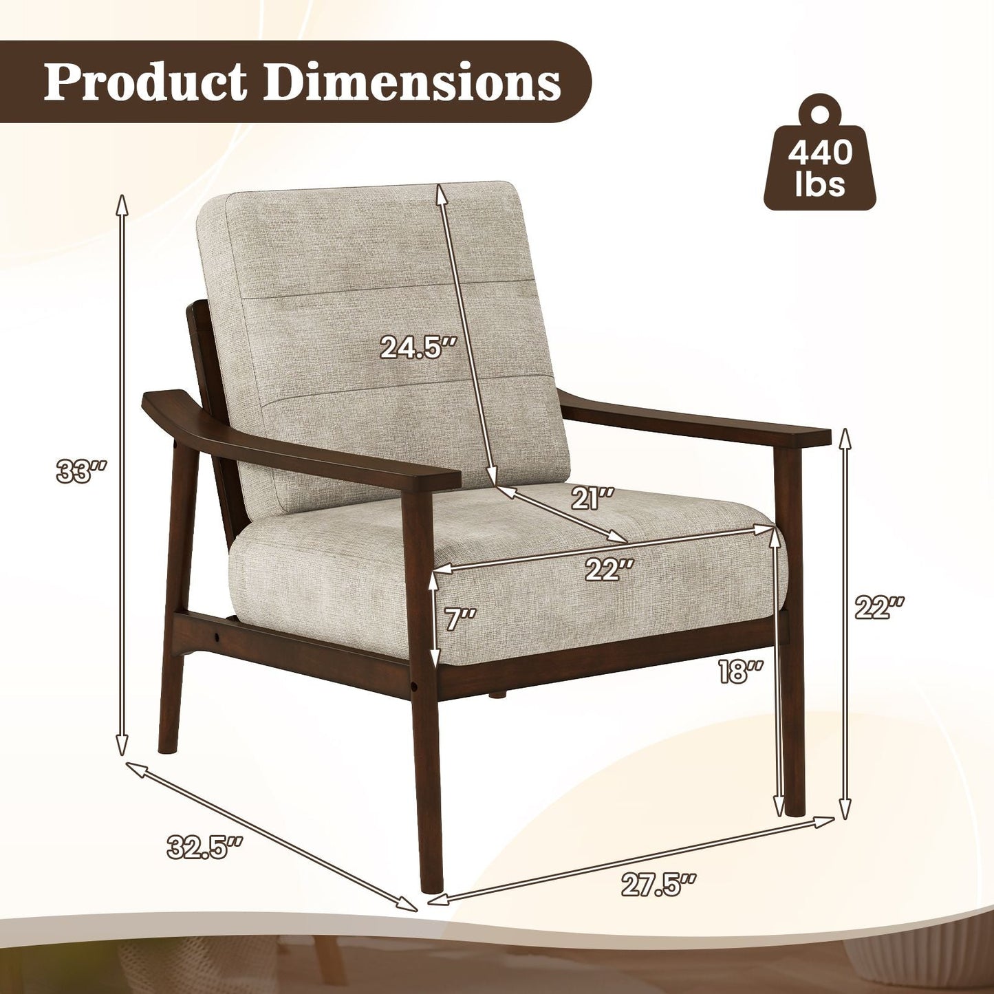 Modern Accent Chair with Rubber Wood Armrests and Legs for Living Room - DelightsDownSouth