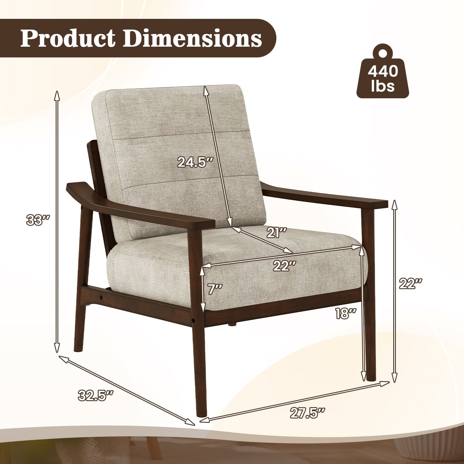Modern Accent Chair with Rubber Wood Armrests and Legs for Living Room - DelightsDownSouth
