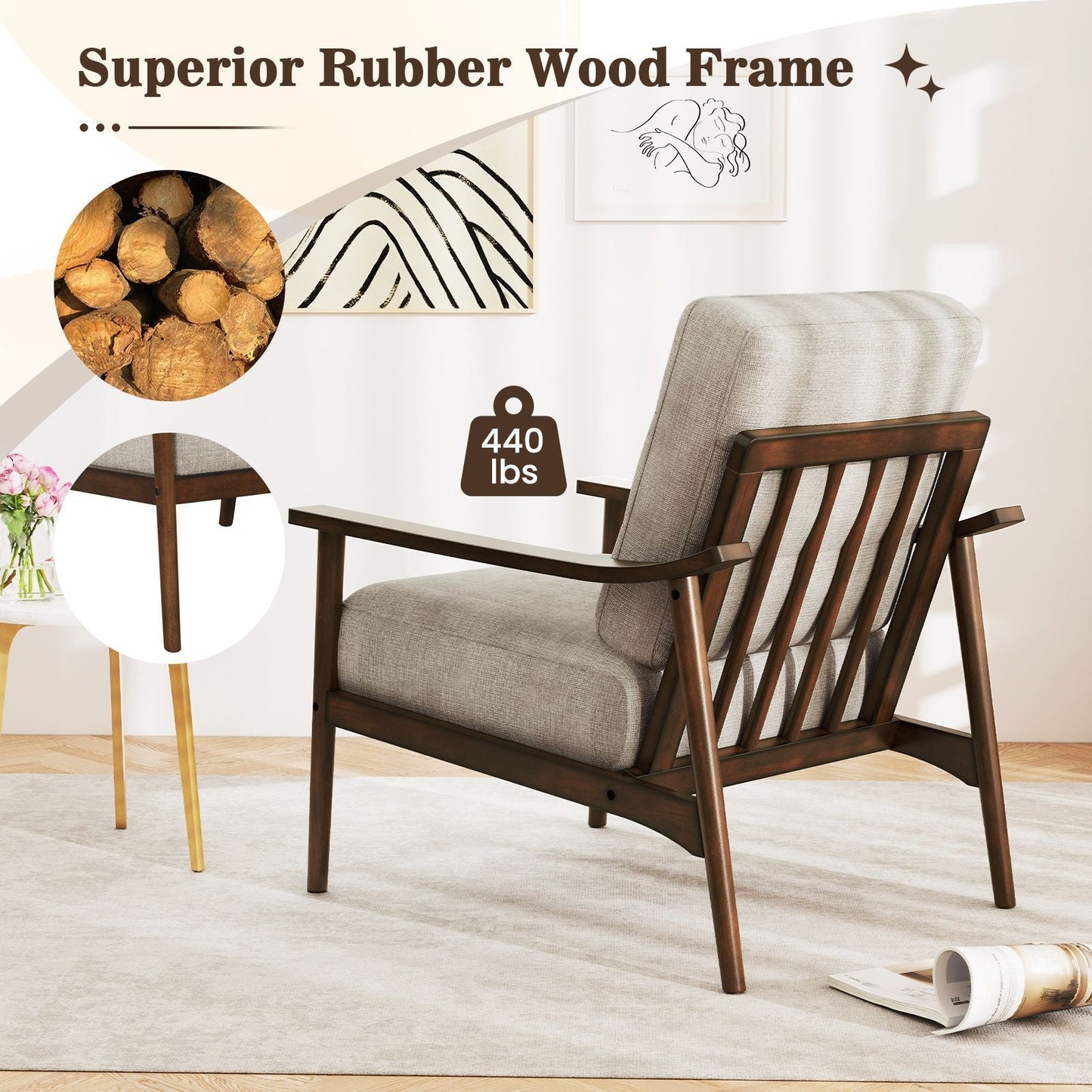 Modern Accent Chair with Rubber Wood Armrests and Legs for Living Room - DelightsDownSouth